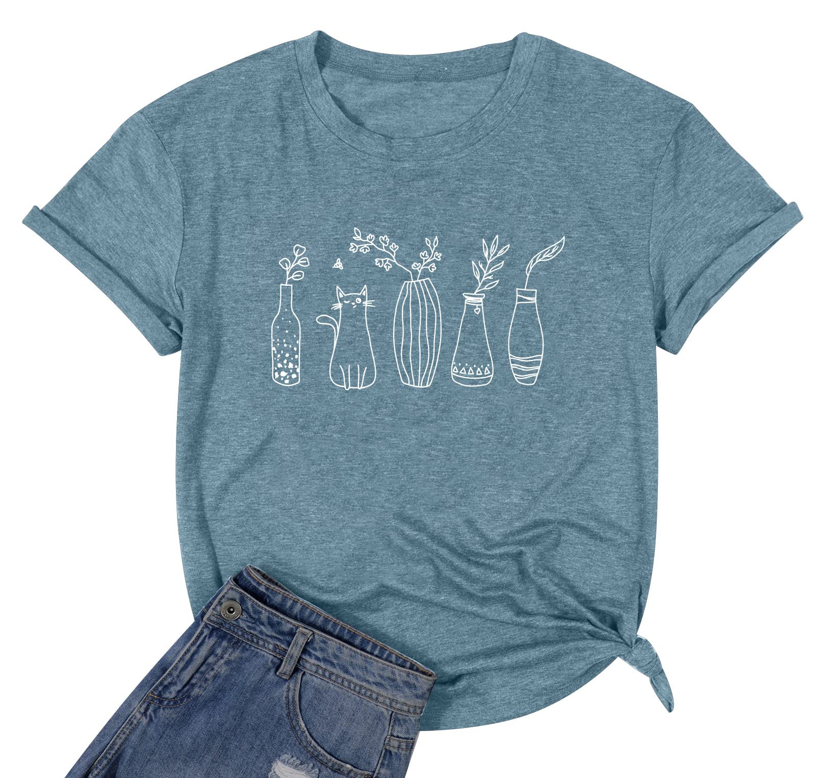 Funny Cats and Plants T-Shirt for Women - Cute Gardener Tee with Cat Design - Perfect Gift for Plant Moms - Comfortable Short Sleeve Top for Gardening, Casual Wear & Cat Lovers
