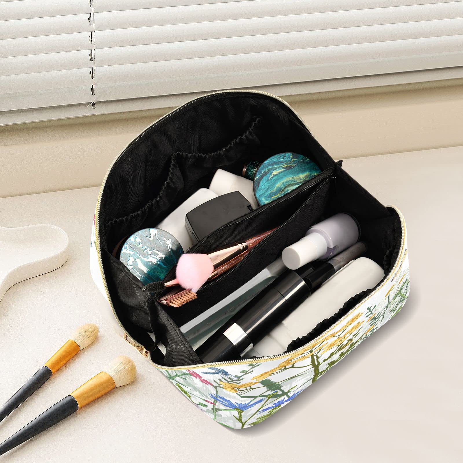 Rhombus Cosmetic Bag - Large Capacity Travel Makeup Organizer with Handle for Women | Floral Butterfly Dragonfly Design | Portable Toiletry Storage for Travel, Gym & Daily Use