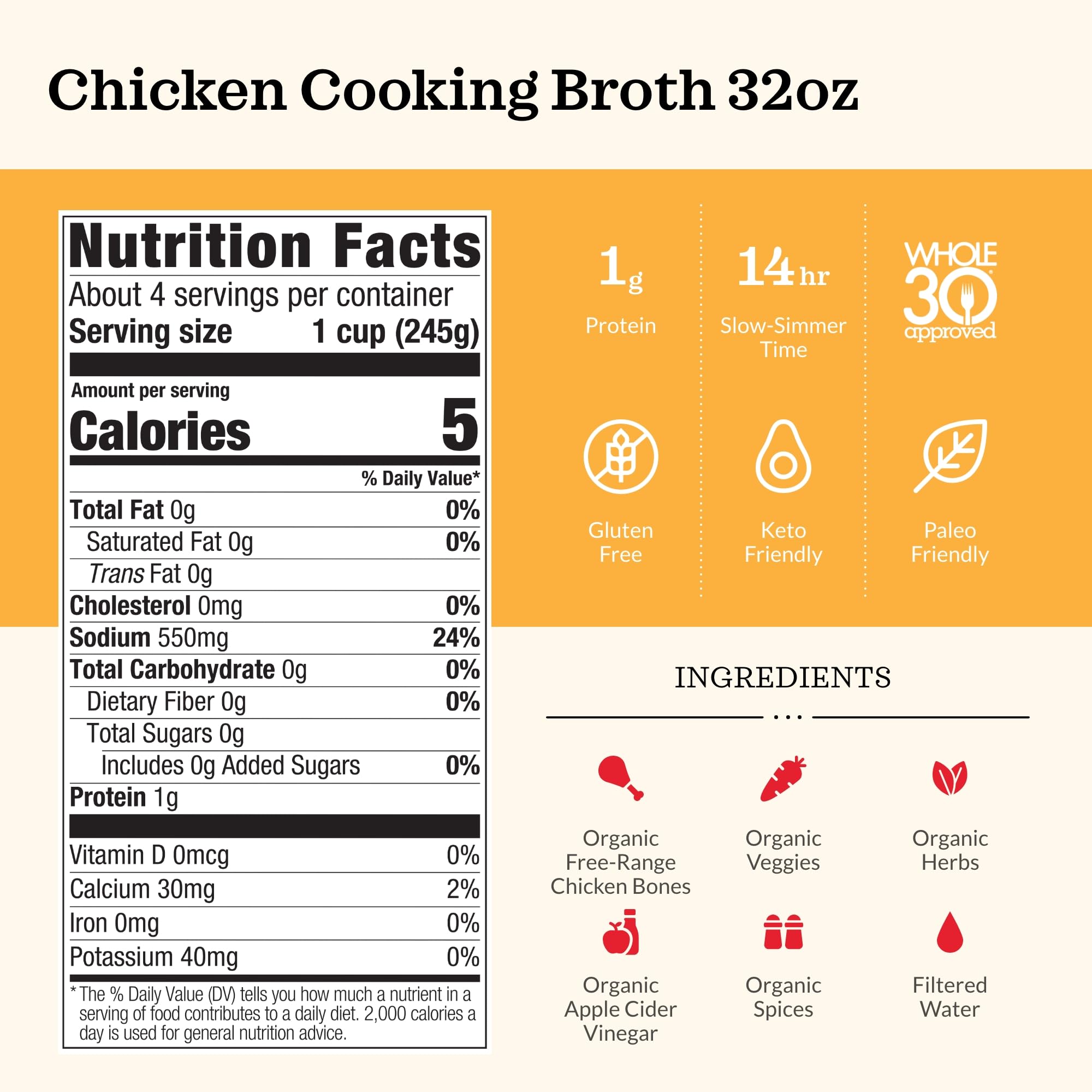Organic Chicken Broth by Kettle & Fire - 32 Oz, USDA Certified, Gluten-Free Bone Broth for Cooking, Soups & Healthy Recipes - Perfect for Keto, Paleo & Immune Support