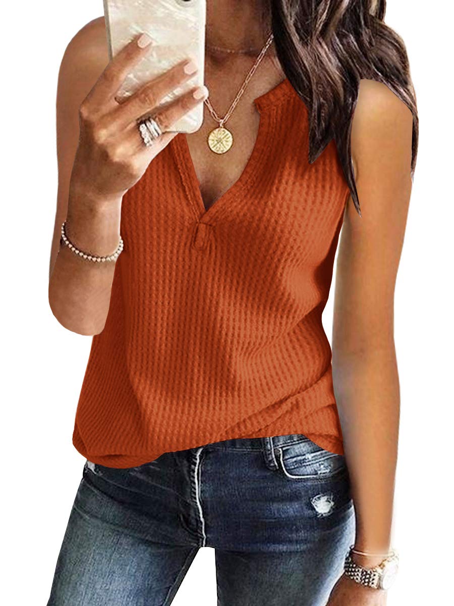 Women's V-Neck Waffle Knit Tank Top - Summer Casual Sleeveless Loose Fit Tee Shirt for Beach, Gym & Everyday Wear