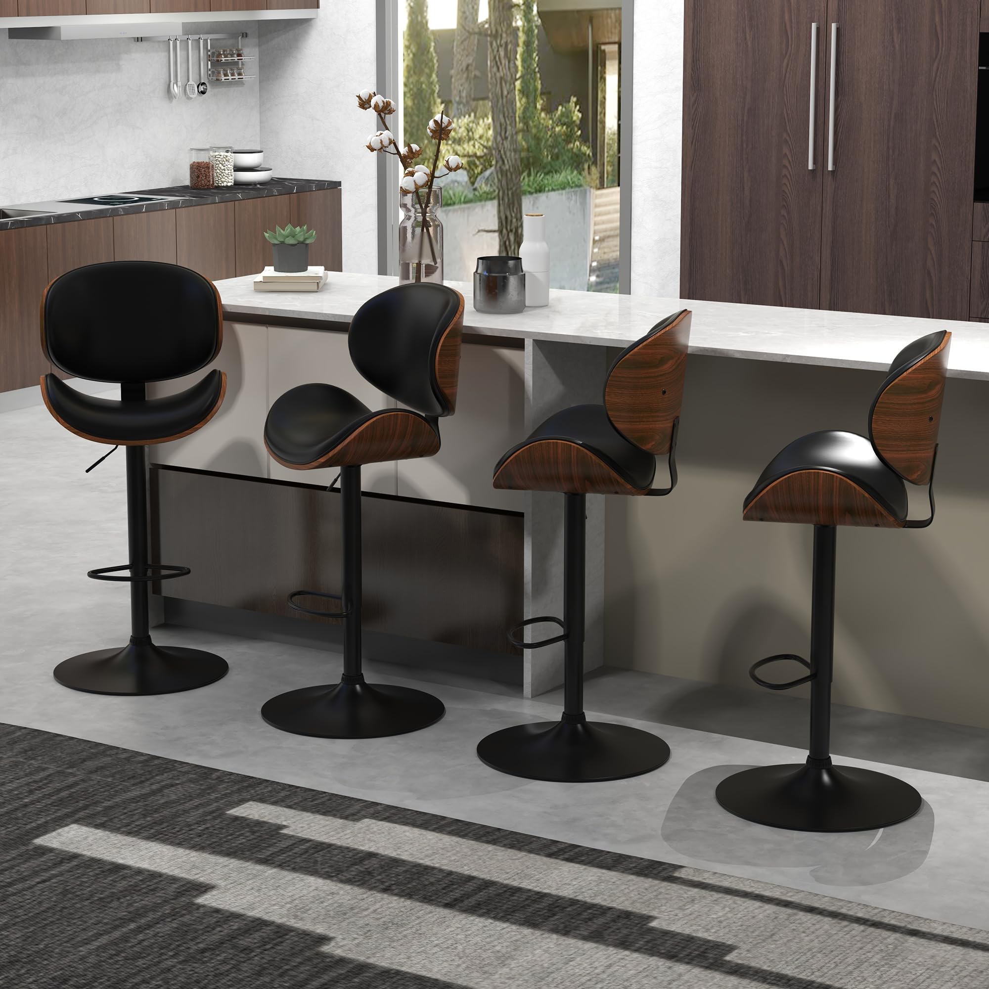 Civama 4-Piece Adjustable Swivel Bar Stool Set - Modern Kitchen Counter Height Stools with Bentwood Seat, Backrest & Footrest - PU Leather Bar Chairs for Kitchen Island, Dining Room, Restaurant & Home Bar Use