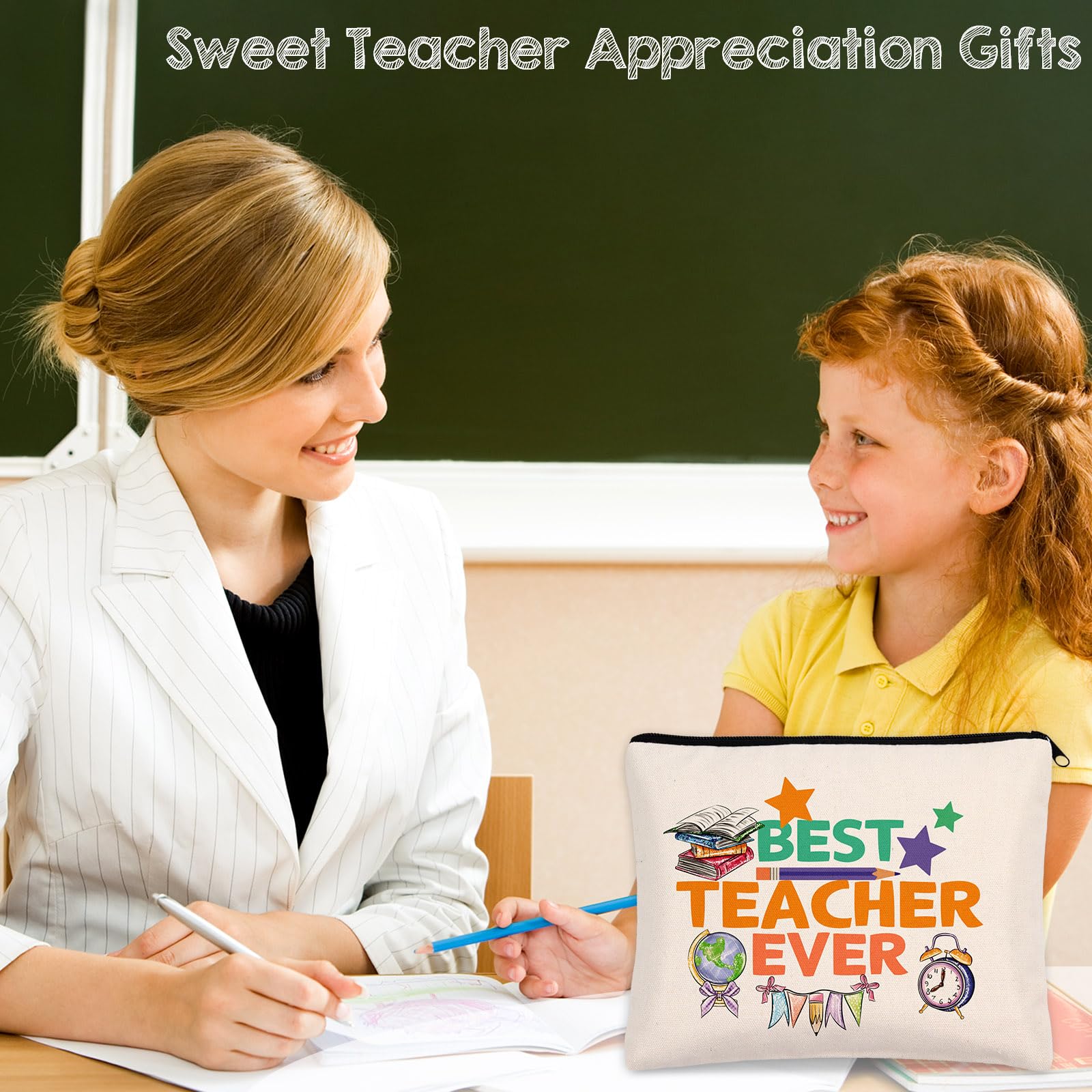 WorldBazaar 6-Piece Teacher Appreciation Gift Set - Makeup Bags, Blessing Cards & Keychains - Perfect for Teacher's Day, Week & End of Year - Great for Cosmetics, Jewelry & Small Essentials