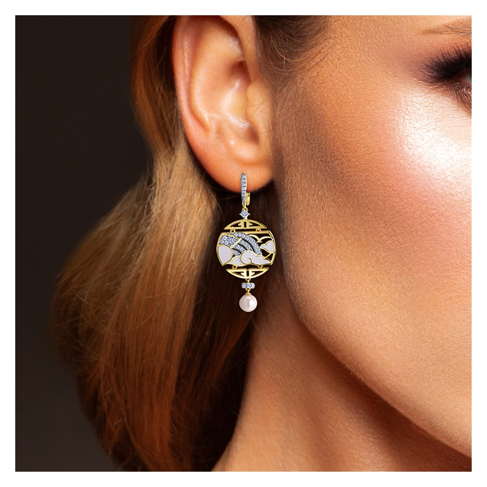 925 Sterling Silver Dangling Earrings for Women - Handmade Round Pearl & White Enamel Cloud Design Chic Fine Jewelry | Elegant Gift for Her, Wedding, Party & Daily Wear