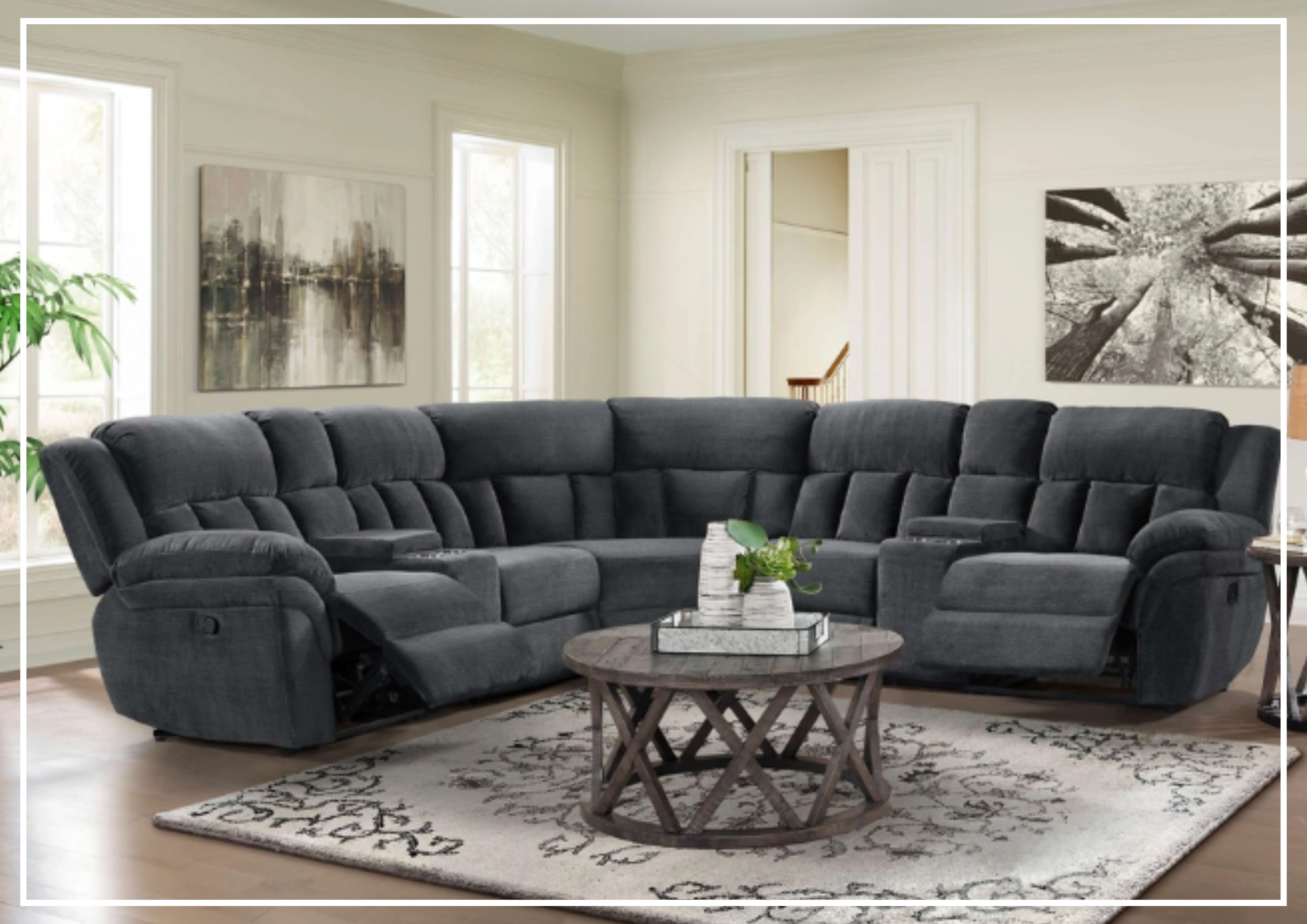 Klaussner McCobb 7-Piece Gray Recliner Sectional Sofa Set with Cup Holders - Modern L-Shaped Living Room Furniture for Home Theater & Family Gatherings