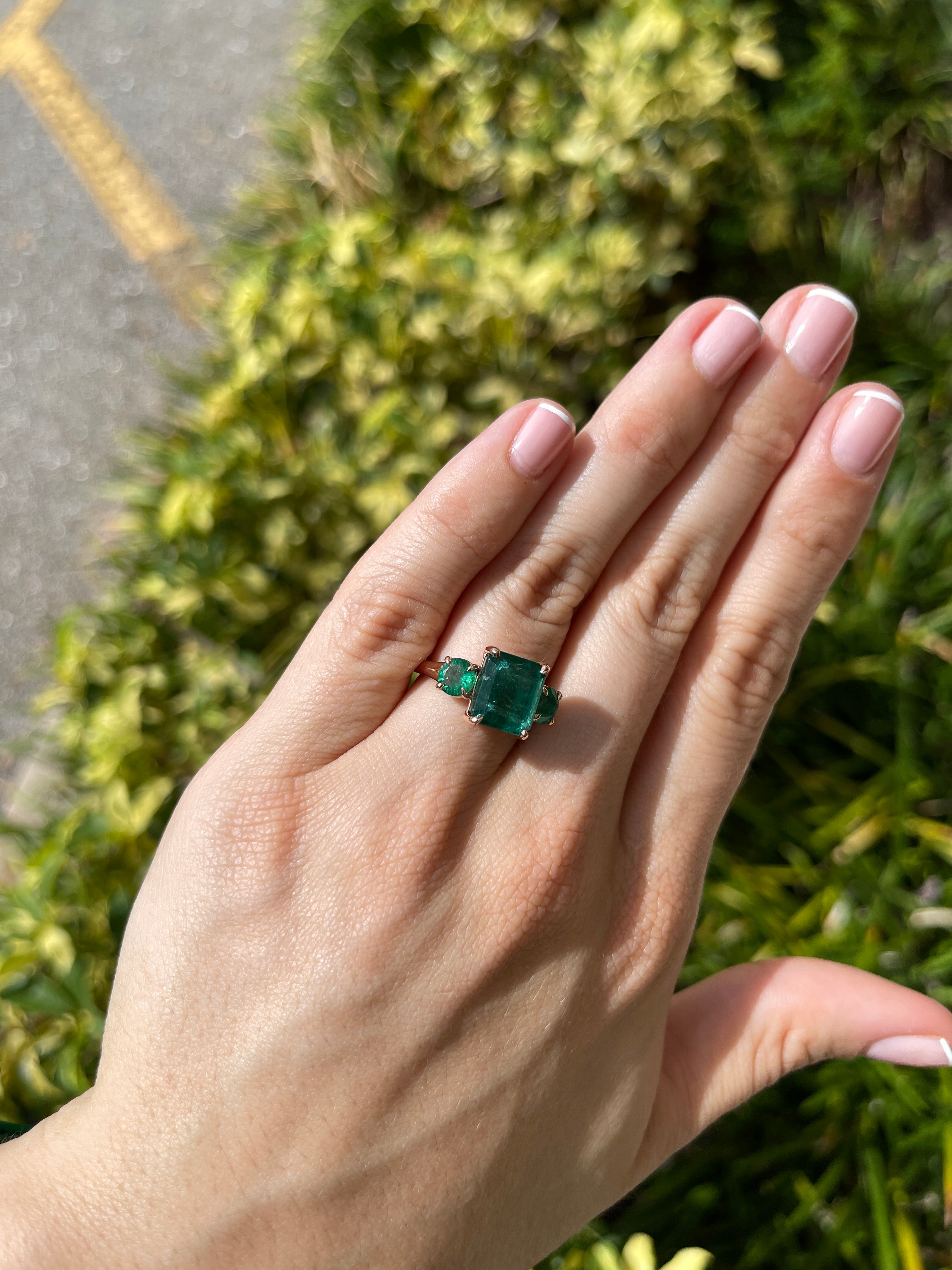 6.90tcw Natural Emerald Gemstone - Emerald Cut & Round Cut Three Stone 14K Rose Gold Engagement Ring for Women | Elegant Wedding, Anniversary & Proposal Jewelry Gift