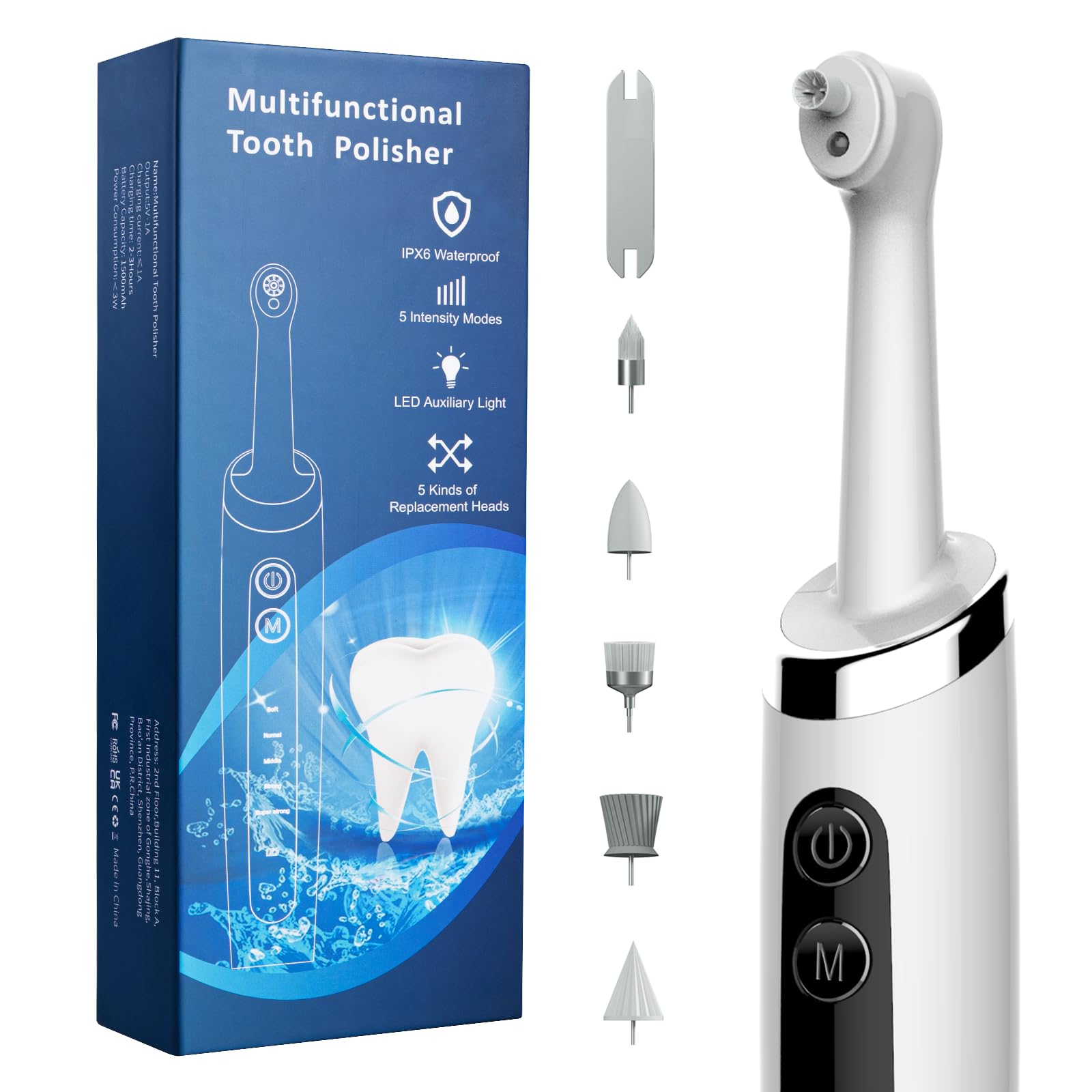 Professional Teeth Whitening Polisher & Stain Remover Kit - 5 Replacement Heads, 5 Cleaning Modes, USB Rechargeable, IPX6 Waterproof - Safe for Adults & Kids - Perfect for Home Dental Care & Travel Oral Hygiene