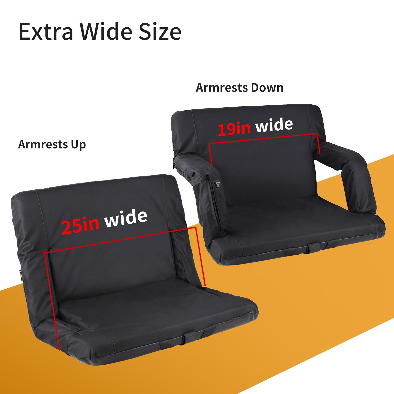 Heated Stadium Seat with Back Support - 3-Level USB Heating, Extra Wide & Portable Bleacher Chair for Outdoor Sports - 6 Reclining Positions (2-Pack) - Perfect for Football Games, Soccer Matches & Cold Weather Events