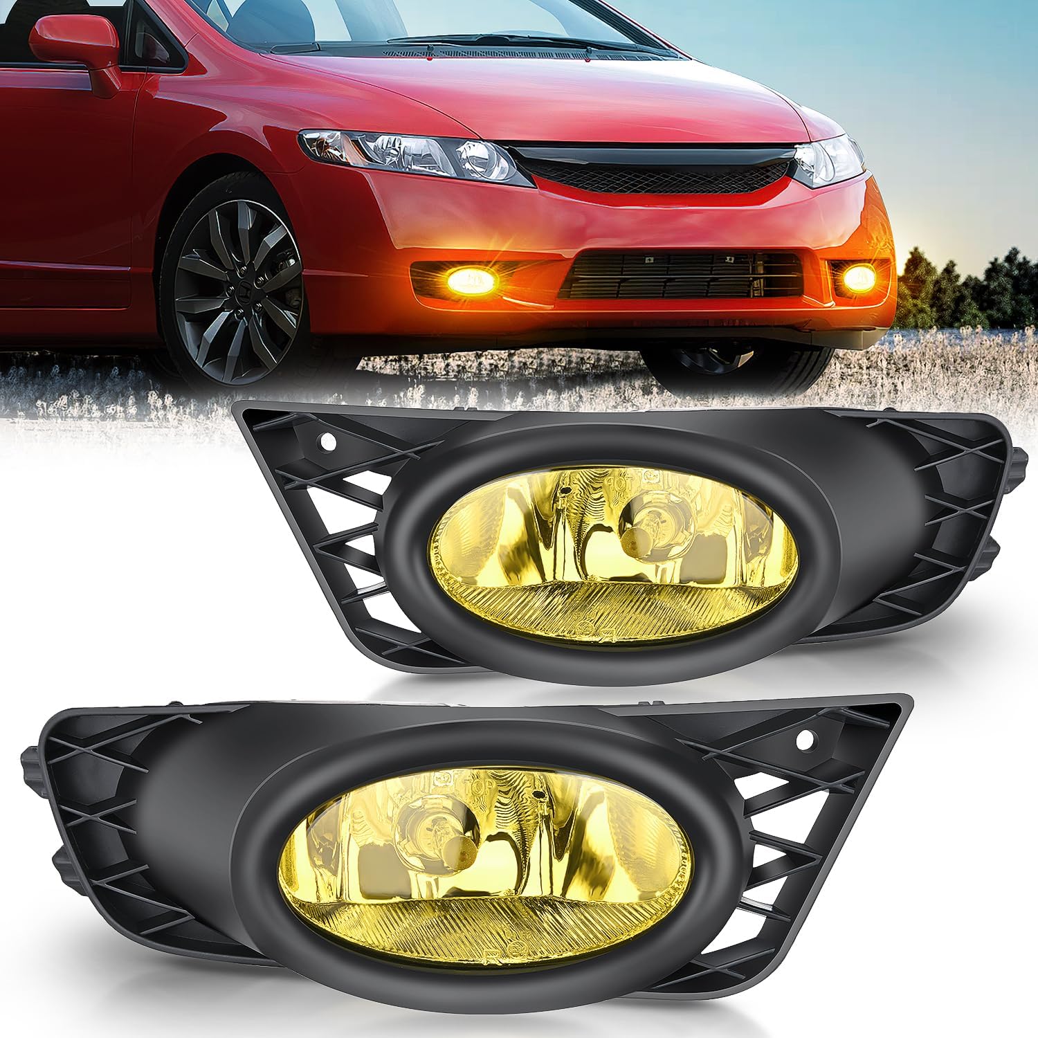 2009-2011 Honda Civic Sedan Fog Light Kit - Amber Lens H11 12V 55W Bulbs Replacement - Perfect for Night Driving & Bad Weather Visibility