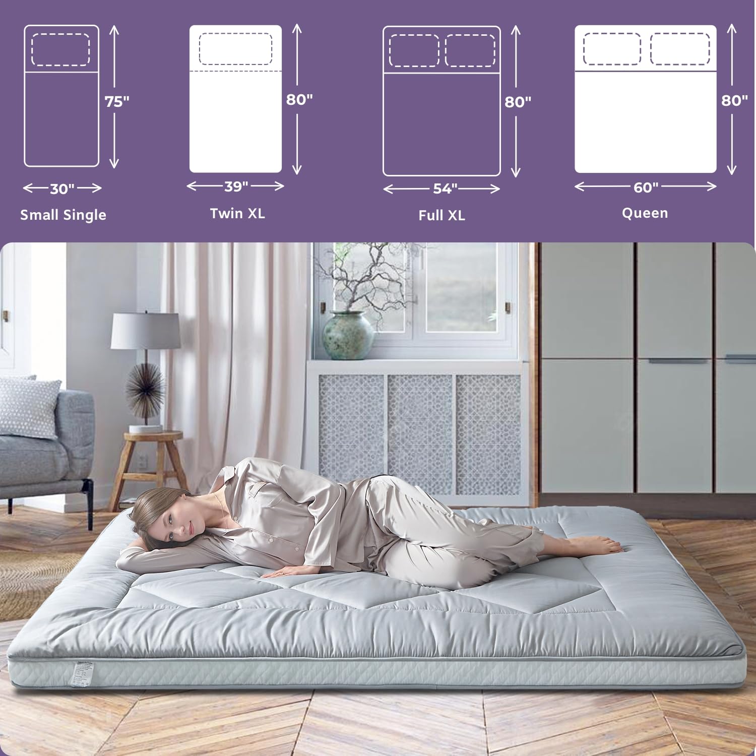 Japanese Floor Mattress Futon - Extra Thick Roll-Up Tatami Mattress Bed Topper | Guest Bed, Lounger & Travel Mattress | Queen Size Gray | Perfect for Small Spaces, Camping & Home Yoga