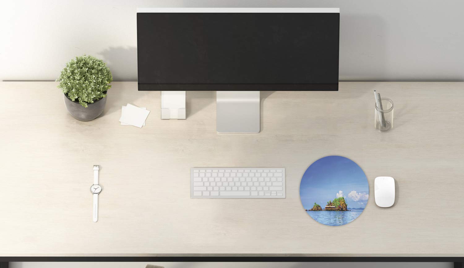 Ambesonne Round Non-Slip Rubber Gaming Mouse Pad - 8 Inch Blue & White Tropical Island Design with Pacific Ocean Sky View for Computer & Office Use | Perfect for Work, Gaming & Home Office Setup