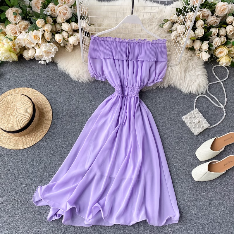 Stylish Women's Summer Pleated Chiffon Skirt with Ruffled Off-Shoulder Design - Perfect for Beach Vacations, Date Nights & Casual Outings