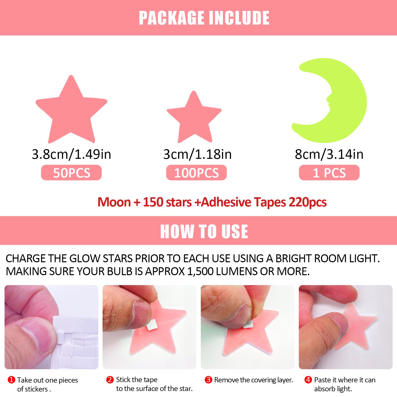150pcs Glow in The Dark Stars for Ceiling & Wall Decor - Super Bright Pink Removable Stickers, Perfect for Kids' Bedroom & Nursery Room Murals - Fun Nighttime Decorations for Girls' Room, Birthday Parties & Sleepovers