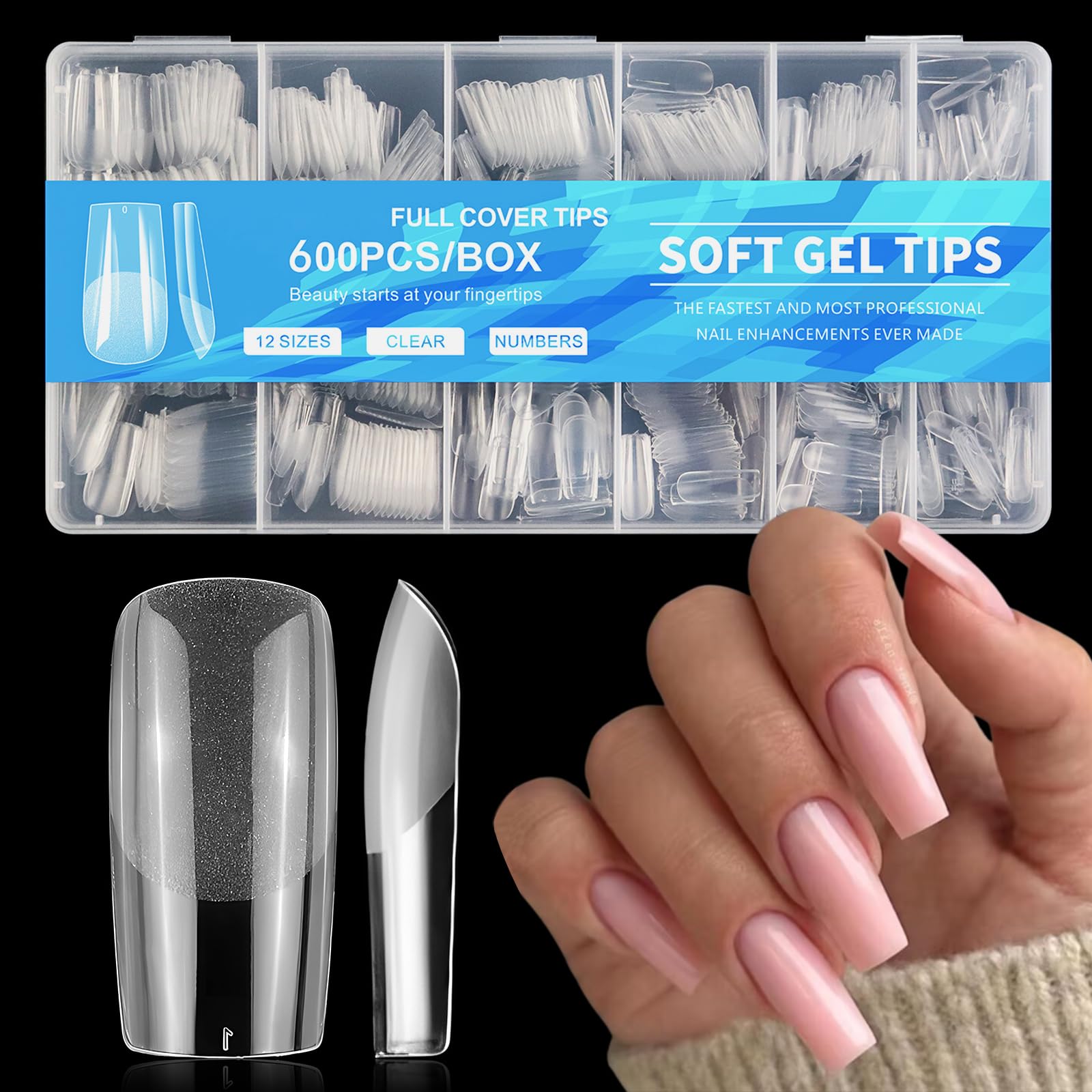 AddFavor 600pcs Clear Medium Square Gel Nail Tips - Full Cover Acrylic Fake Nails for Extension, Manicure Salon & Home DIY | Perfect for Nail Art, Parties & Special Occasions