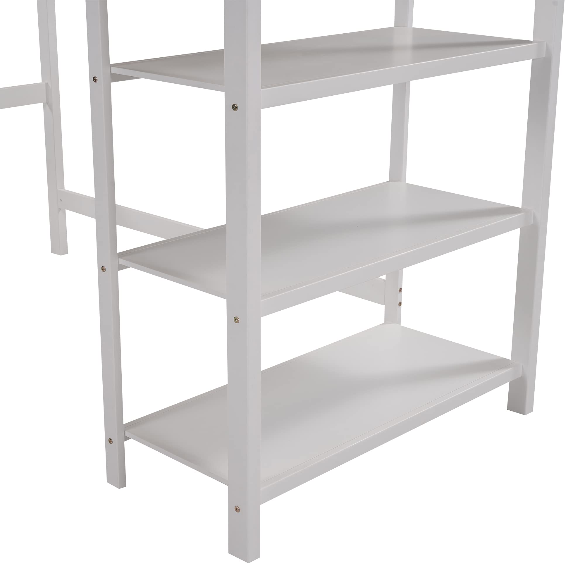 LZ LEISURE ZONE Twin Loft Bed with Storage Shelves & Ladder - Solid Wood Twin Size Loft Bed Frame, No Box Spring Needed - Space-Saving Kids & Teens Bedroom Furniture (White)