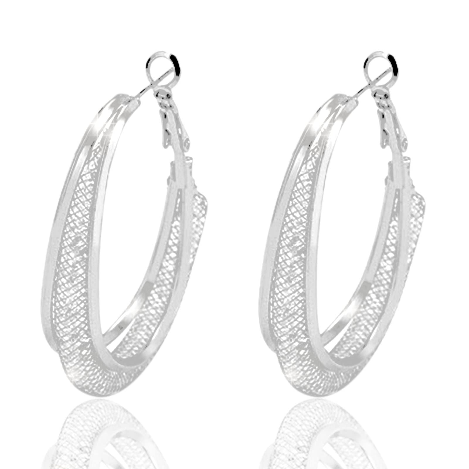 Luxury Silver & Gold Woven Mesh Oval Hoop Earrings for Women - Elegant Rhinestone Embellished Jewelry for Parties, Weddings & Everyday Wear