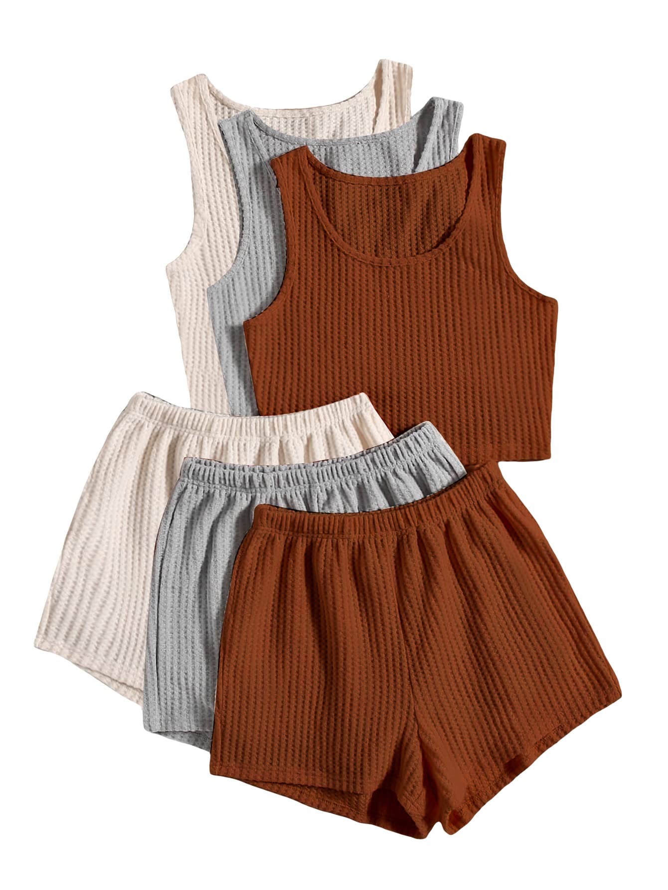 GORGLITTER Women's 6-Piece Pajama Set - Ribbed Knit Sleeveless Crop Top & Shorts Lounge Sleepwear Outfit | Soft Comfortable Loungewear for Sleep, Relaxation & Home Wear