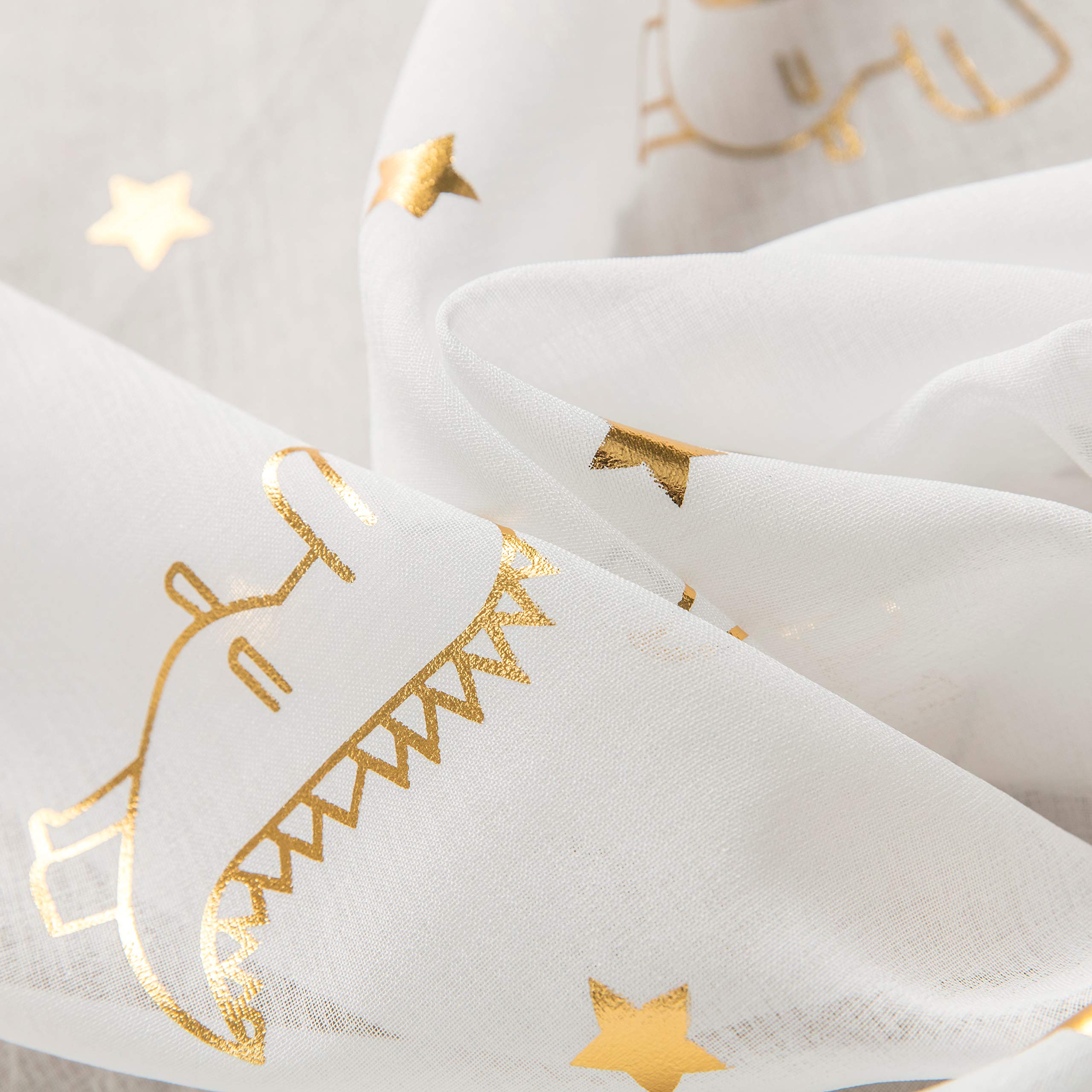 Dinosaur Sheer Curtains for Kids Room - Gold Foil Print Star & Dino Pattern Voile Drapes, 52x84 Inches, Set of 2 Panels with Rod Pocket | Perfect for Boys Nursery, Bedroom Decor & Playroom Windows