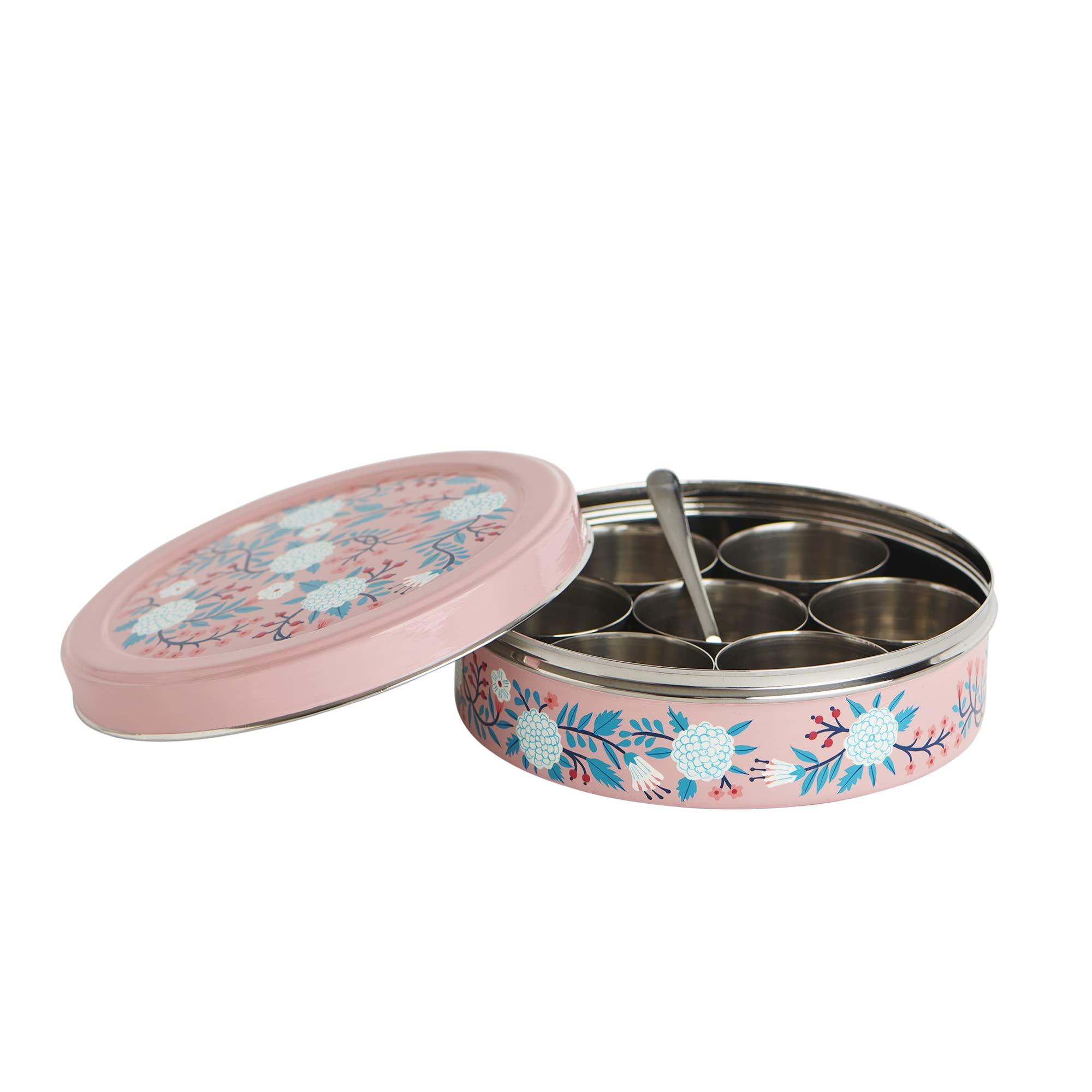 Chumbak Peachy Floral Spice Box - Stainless Steel Kitchen Storage Container for Spices, Tea, Coffee & Essentials | Multipurpose Organizer for Pantry, Countertop & Dining Table