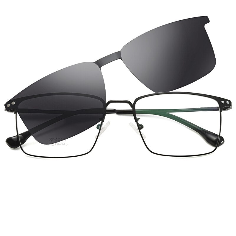 Bclear Men's Full Rim Square Alloy Frame Eyeglasses with Clip-On Polarized Sunglasses ZT94016 - Stylish Prescription Glasses & UV Protection for Driving, Outdoor Activities