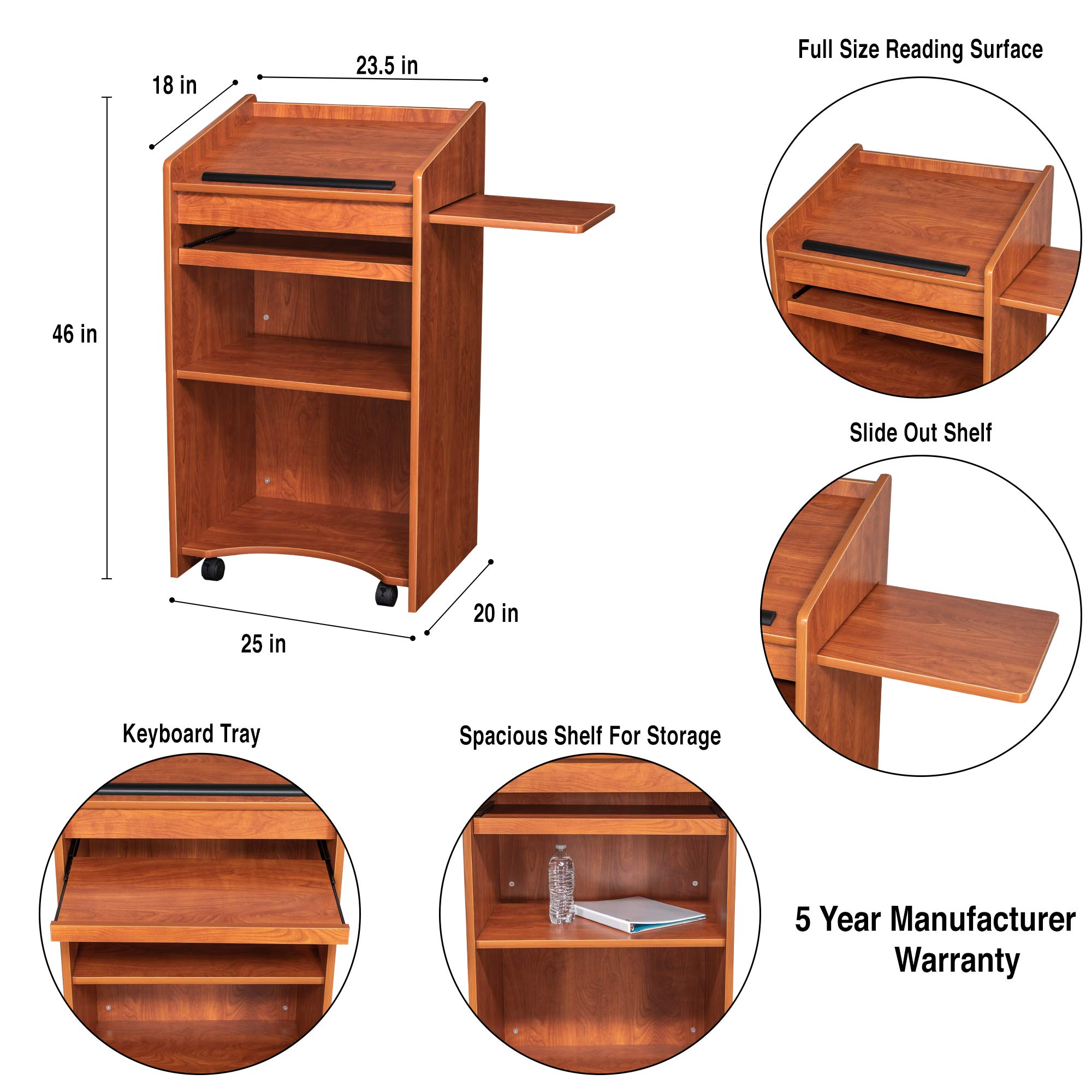 OEF Furnishings Mobile Floor Lectern with Side Shelf & Keyboard Tray - Cherry Wood Adjustable Standing Podium for Church, Classroom, or Office Presentations