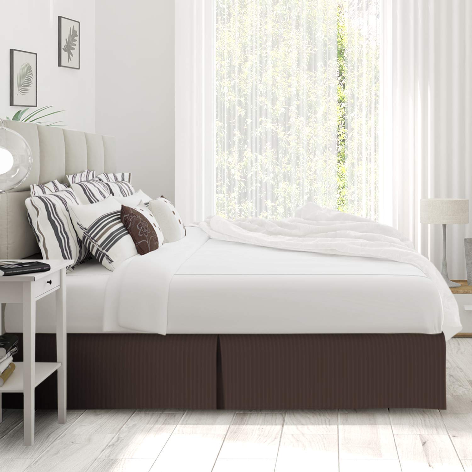 Premium 800 Thread Count Double Brushed Cotton Striped Bed Skirt - 14 Inch Tailored Drop Pleated Dust Ruffle for Full Size Bed Frame (Brown) - Soft & Breathable Bedding Accessory for Cozy Bedroom Decor