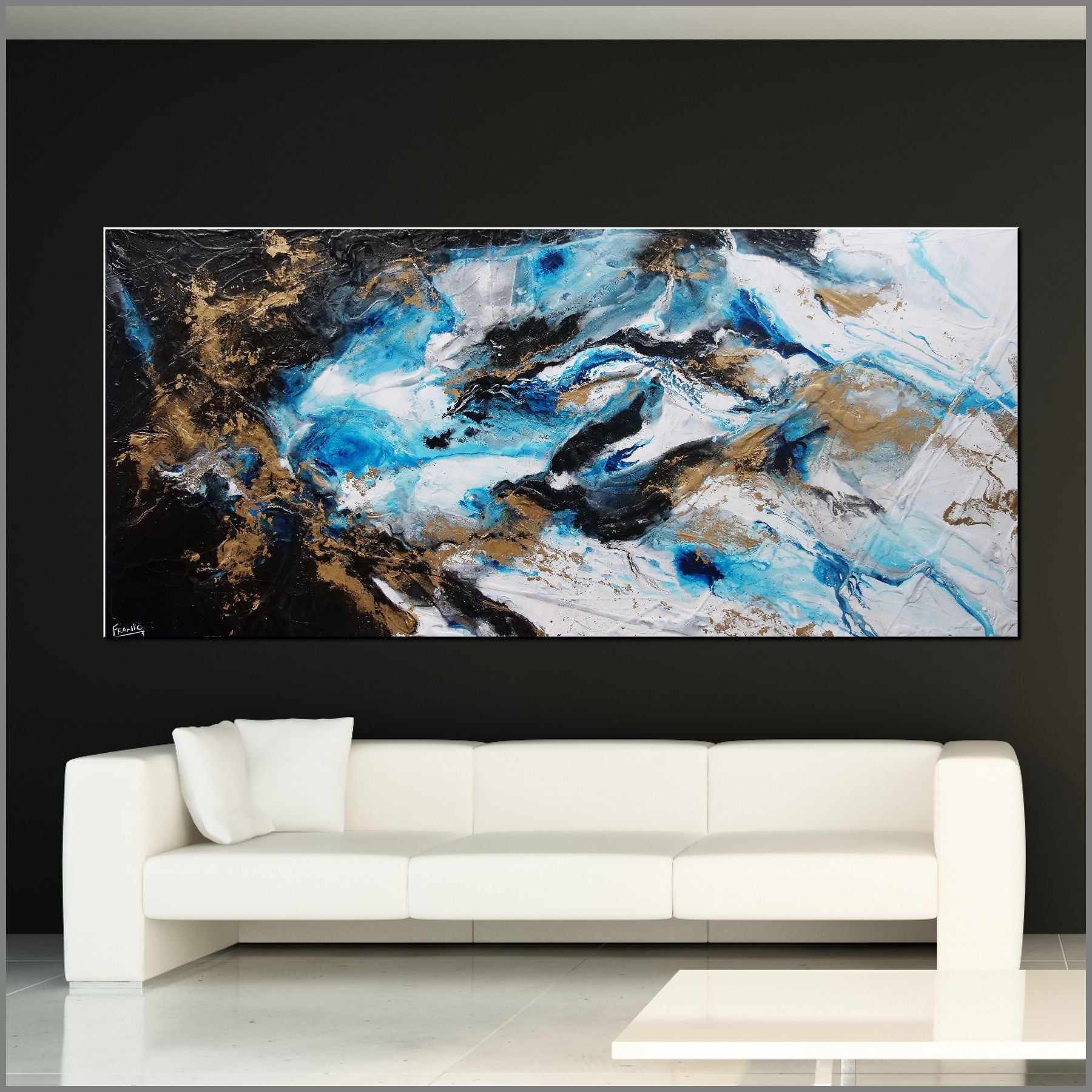 Blue Black Textured Abstract Painting - 270cm x 120cm Modern Wall Art for Living Room, Bedroom & Office Decor | Cobalt Sass Canvas Artwork