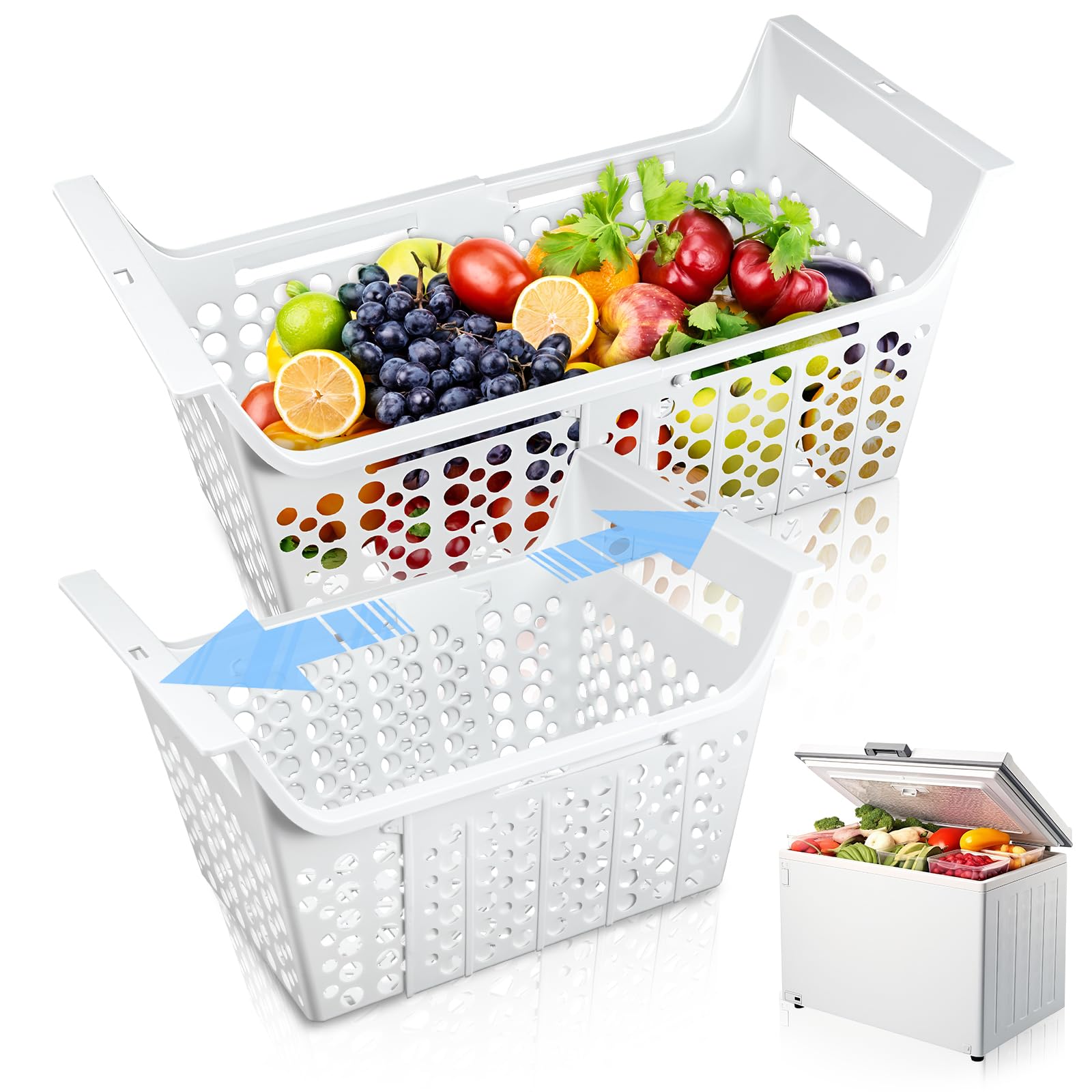 Adjustable Freezer Baskets 2 Pack - Expandable Chest Freezer Organizer Bins with Handles (16.3