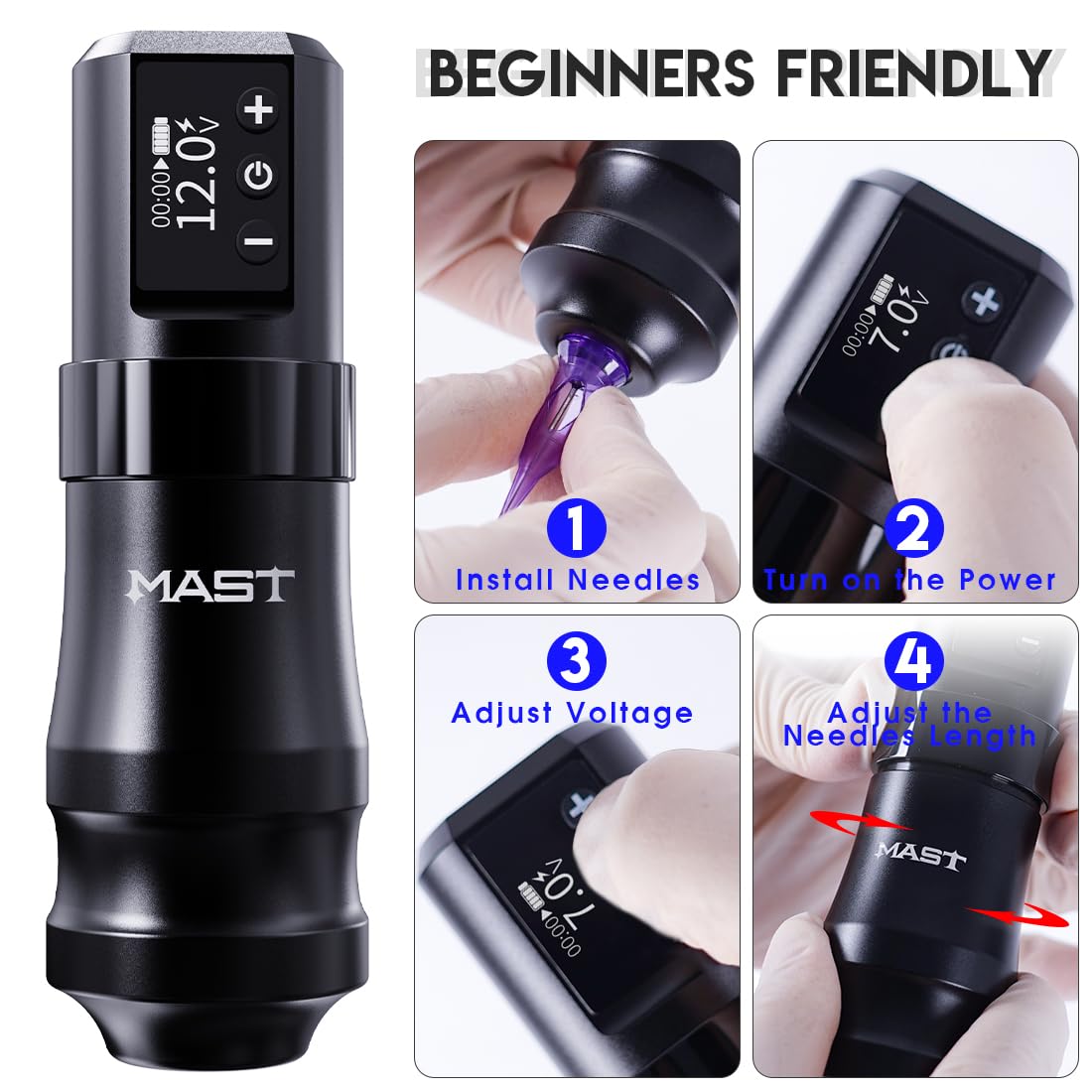 Mast Mini Wireless Pro Tattoo Pen Machine - 3.6mm Stroke Length, Coreless Motor, Fast Charging Battery - Professional Tattoo Kit for Artists (Grey) | Perfect for Tattoo Shops, Home Studios & Professional Tattoo Artists