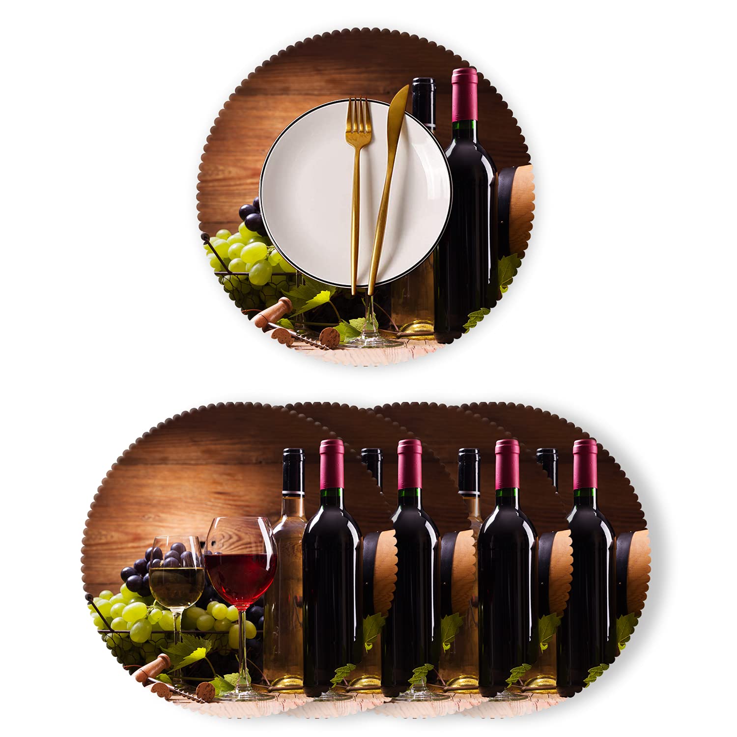 4 Pack Round Heat Resistant Polyester Placemats - Christmas Table Decor with Red Wine Grape Wood Design for Kitchen & Dining Room - Perfect for Holiday Dinners, Family Gatherings & Party Decorations