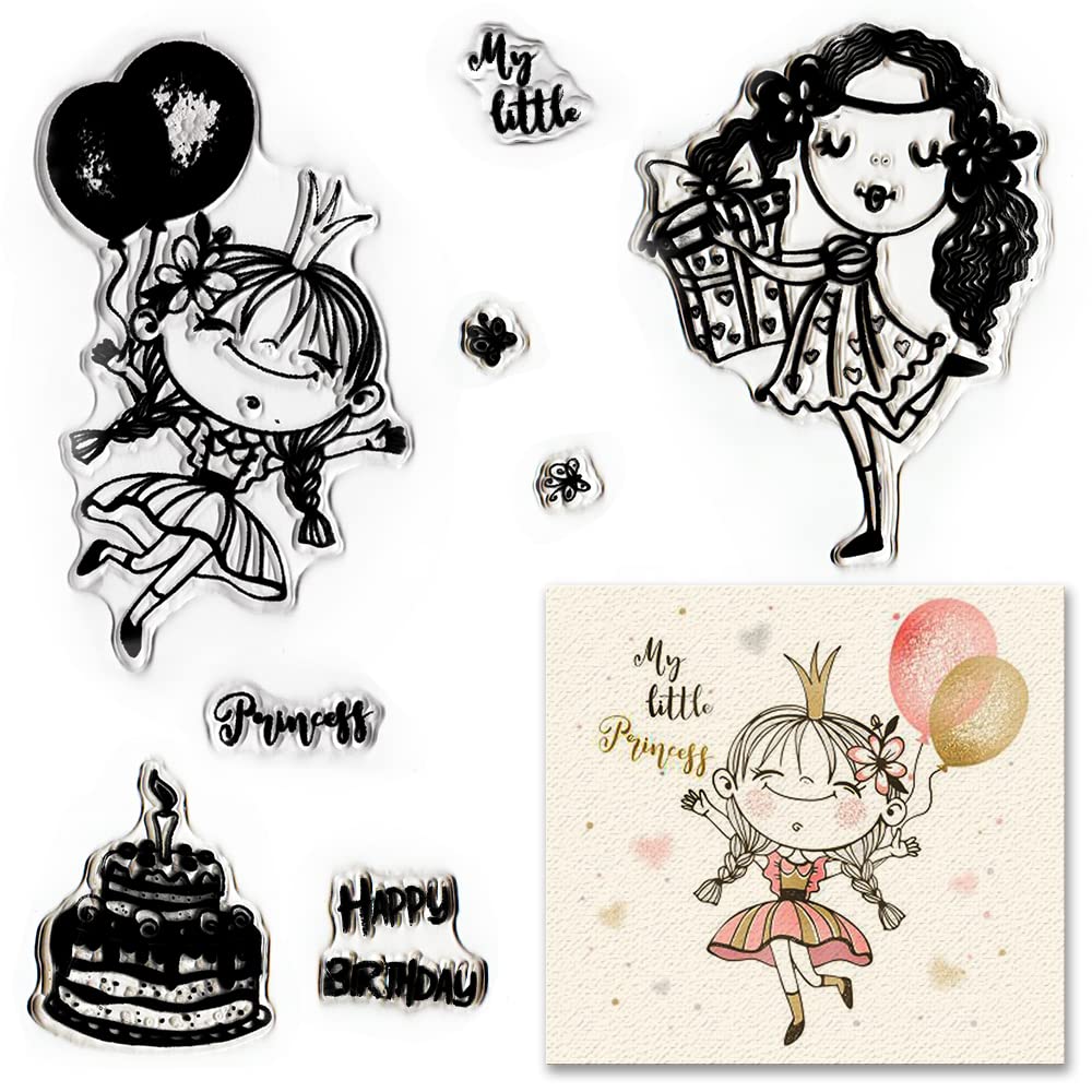 2 PCS Happy Birthday Girls Clear Stamps for Card Making - Princess Balloon & Cake Transparent Rubber Stamps for DIY Scrapbooking, Photo Albums, Invitations & Craft Decorations (Perfect for Birthday Cards, Party Invites & Memory Books)