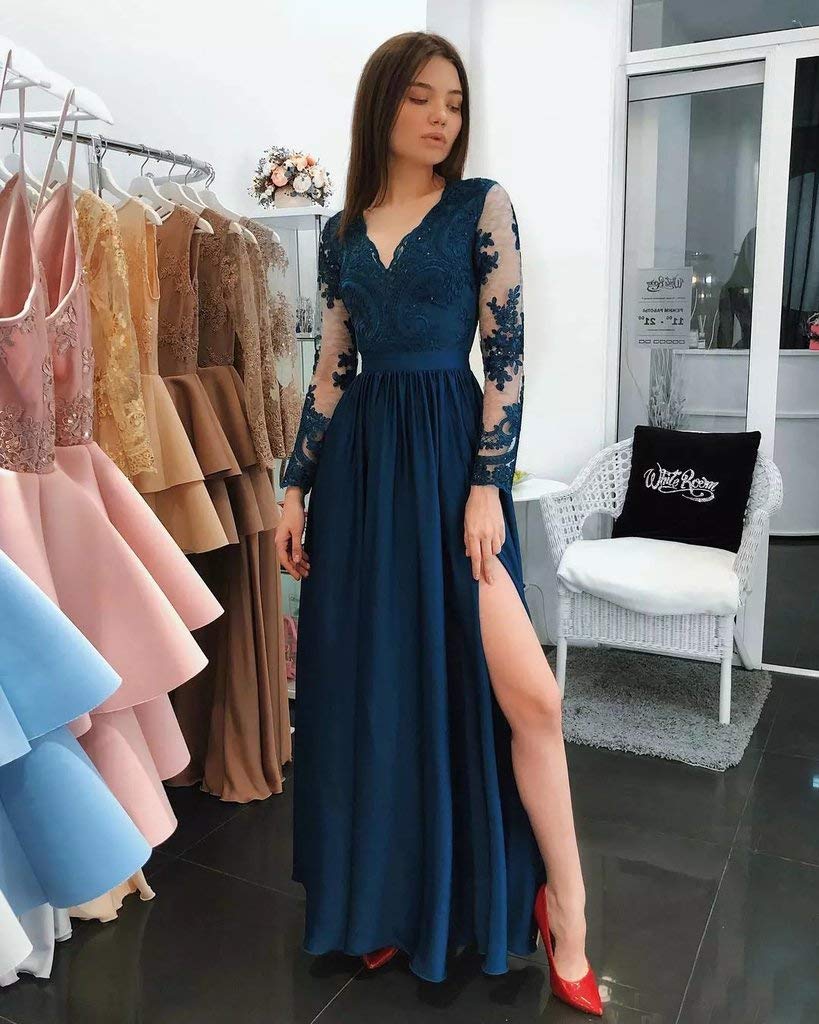 Elegant POMUYOO Women's V-Neck A-Line Lace Chiffon Prom Dress - Long Sleeve Formal Evening Gown with High Slit (YG032) | Perfect for Homecoming, Wedding Guest, Cocktail Party & Special Occasions