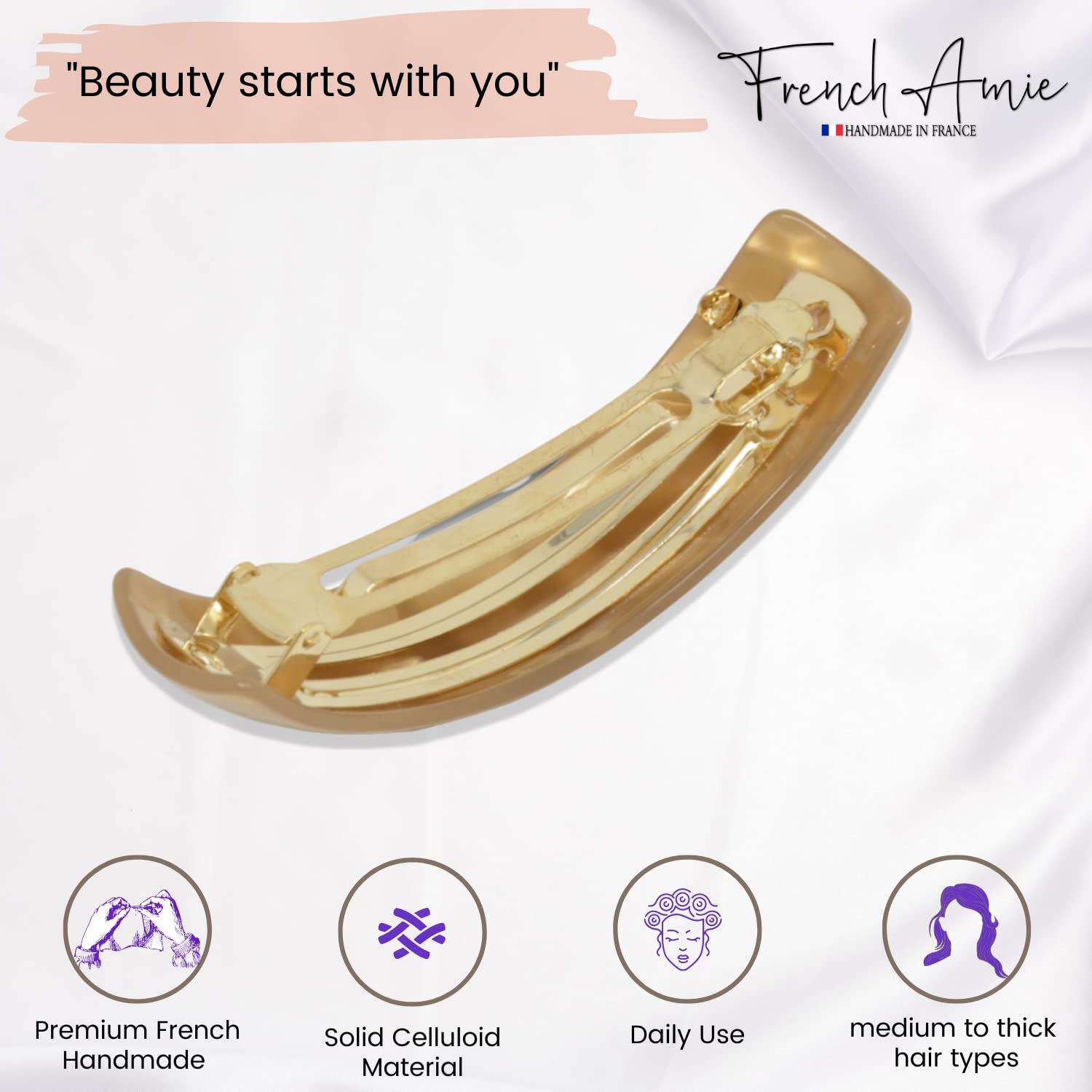 French Amie Curved Oblong Large Celluloid Acetate Handmade Volume Hair Clips - No Slip Fashion Hair Accessories for Women & Girls - Glossy Golden Barrette Made in France - Perfect for Weddings, Parties & Everyday Styling