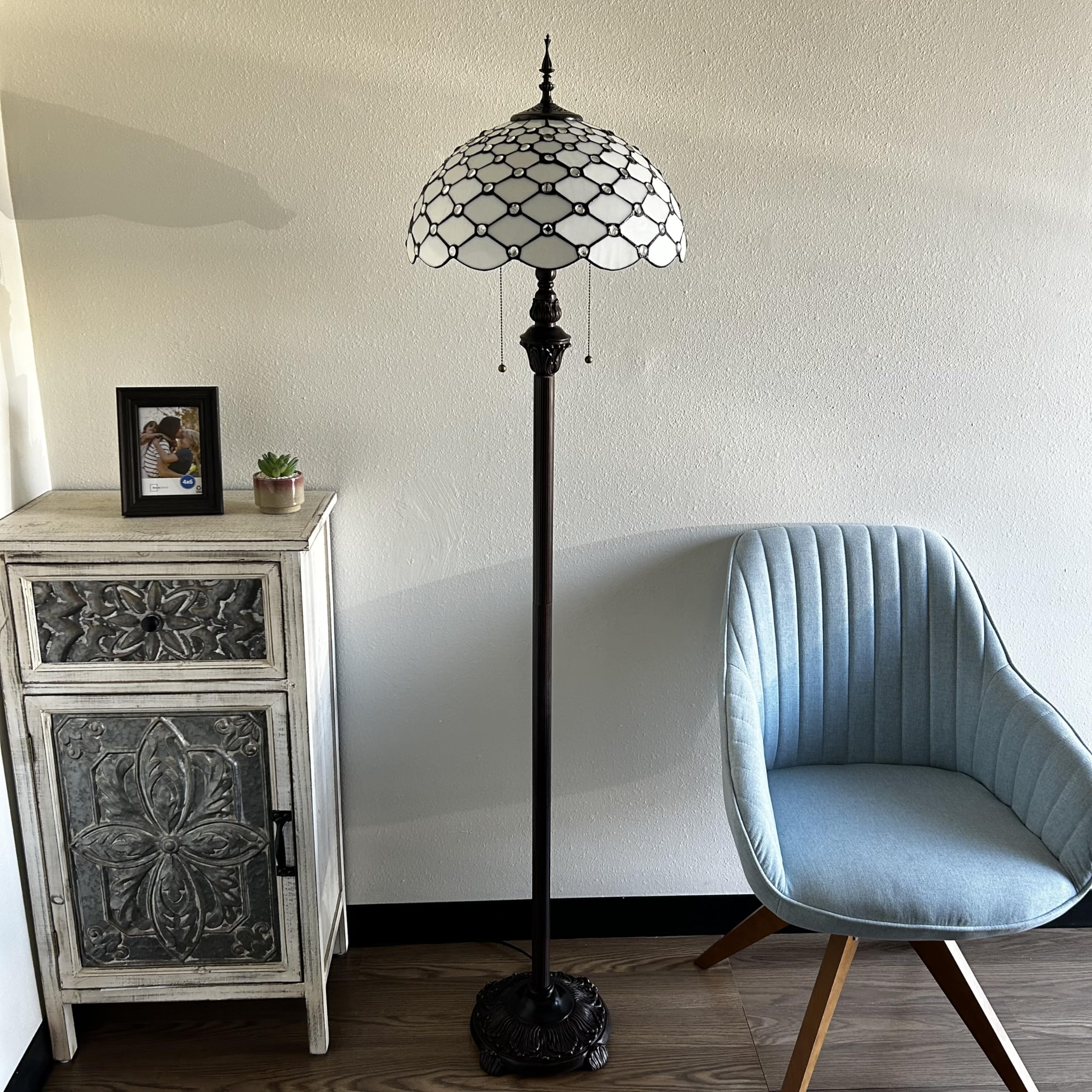 Tiffany Crystal Floor Lamp with White Stained Glass Shade and Metal Base - 16