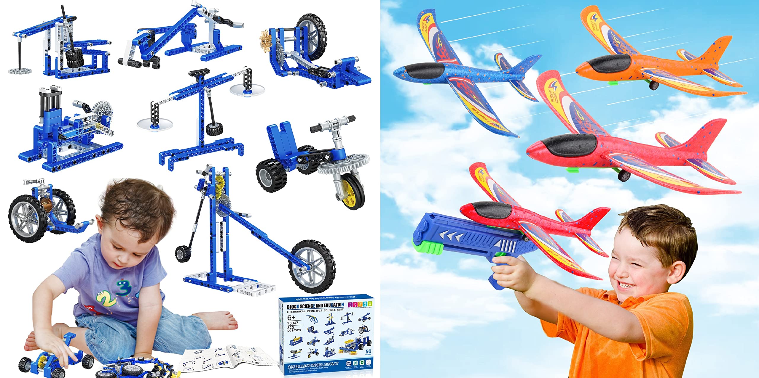 Caferria 325 Pcs STEM Building Blocks & 3 Pack Airplane Launcher Set - Educational Construction Toys for Kids Ages 4-10, Creative Birthday Gifts for Boys & Girls - Perfect for Indoor Play & Outdoor Flying Fun