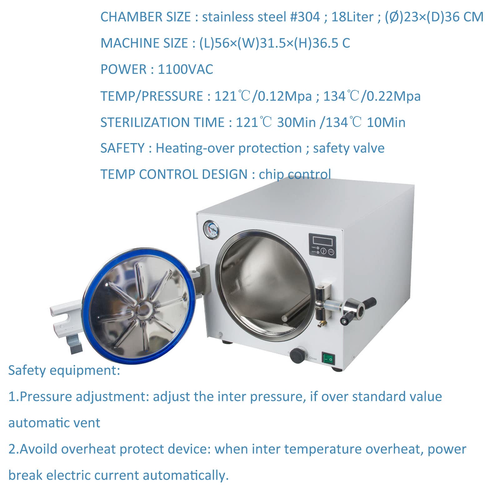 18L 900W Stainless Steel #304 Autoclave Steam Sterilizer - High Temperature Lab Equipment for Medical, Dental & Tattoo Tools (110V) | Perfect for Clinics, Hospitals & Laboratories