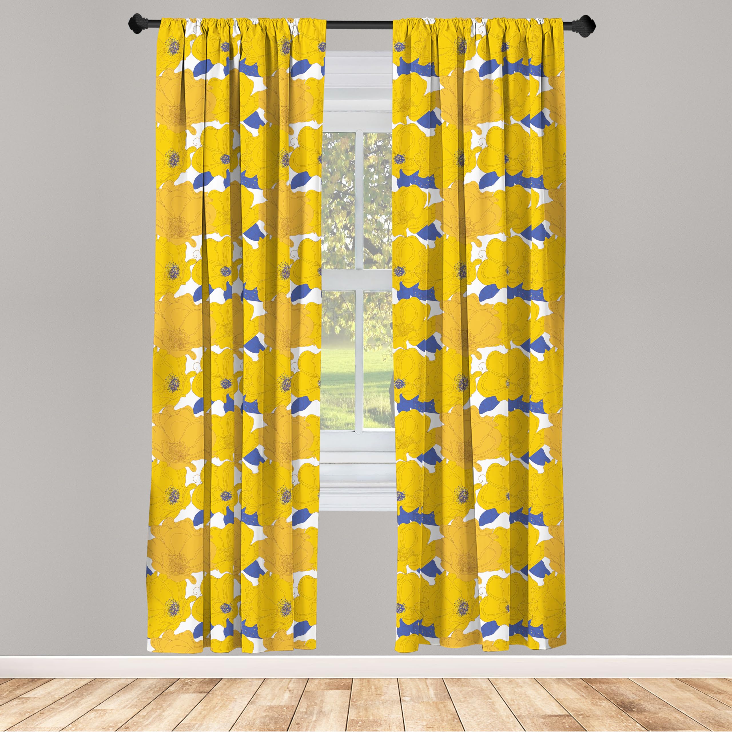Ambesonne Floral Window Curtains Set of 2 - Hand Painted Blue Abstract Flower Design with Rod Pocket, Lightweight Sheer Panels 56x95 Inches - Perfect for Living Room, Bedroom & Nursery Decor (Orange Yellow)