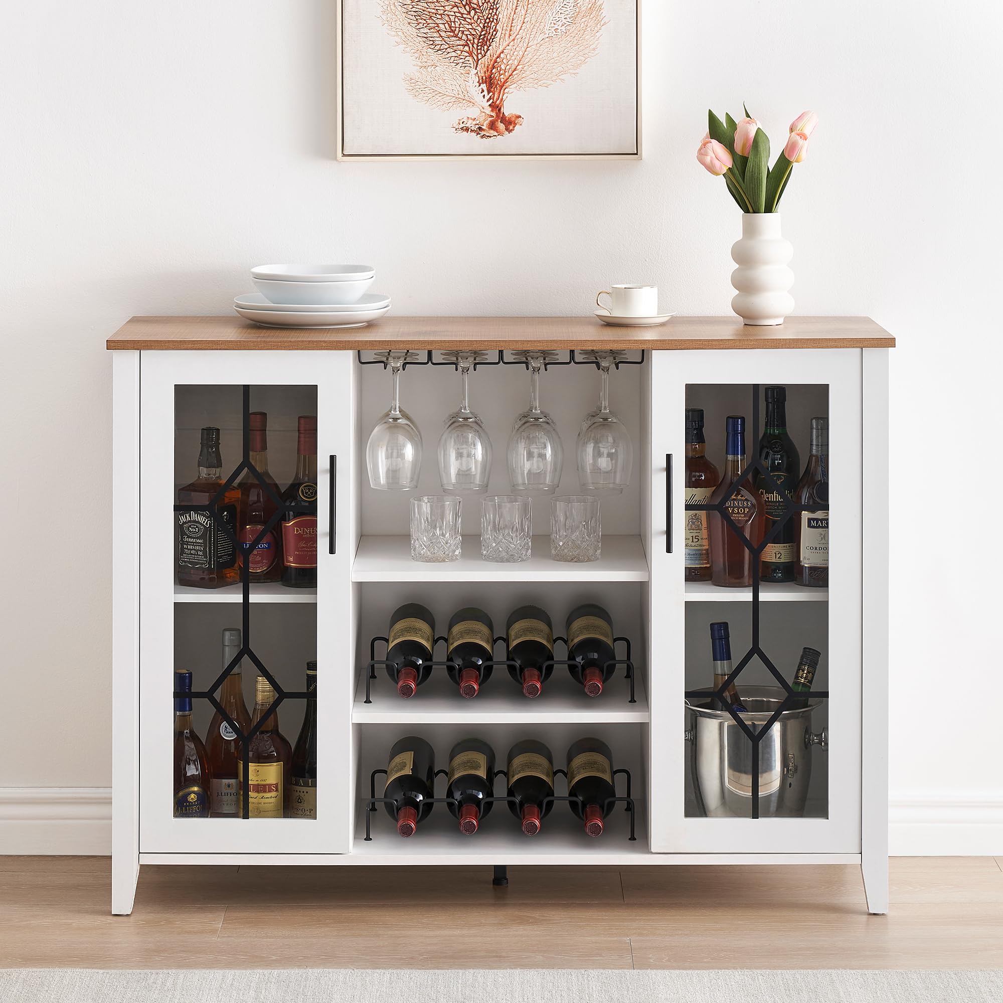 IDEALHOUSE Antique White Wine Bar Cabinet with LED Lights - Home Coffee Station with Wine Glass Rack, Kitchen Buffet Sideboard Storage Cabinet - Perfect for Bar, Dining Room & Kitchen Decor | Modern Home Entertaining & Storage Solution