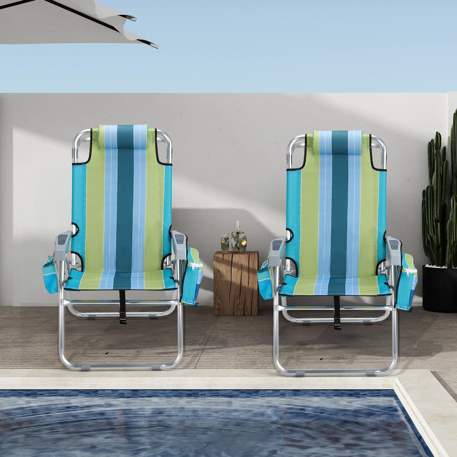 VINGLI 2 Pack Tall Beach Chairs with 5-Position Recline, Cooler Bag, Cup Holders & Towel Bar - Lightweight Folding Camping Chairs for Adults (Blue/Green) - Perfect for Beach, Poolside, Backyard, Camping & Outdoor Relaxation