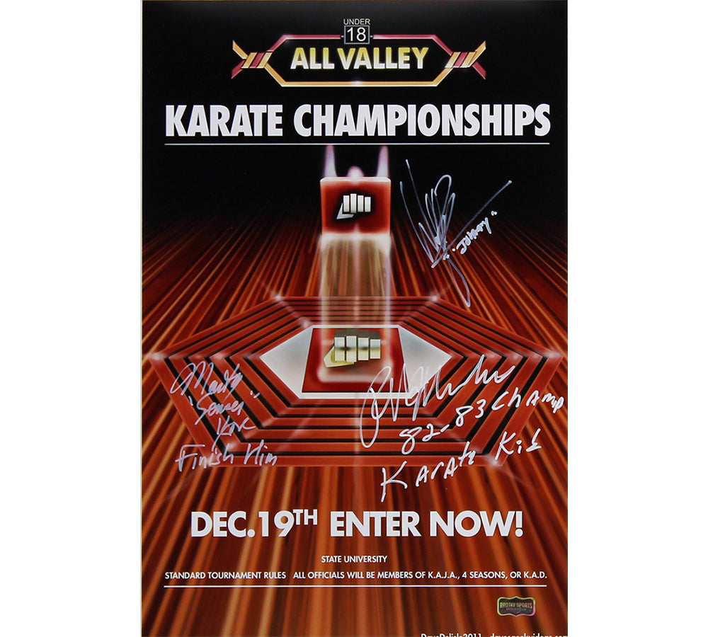 Authentic Signed Karate Kid 11x17 All Valley Tournament Poster - Ralph Macchio, William Zabka & Martin Kove Autographs with 3 Inscriptions | Collectible Movie Memorabilia for Fans & Home Theater Decor