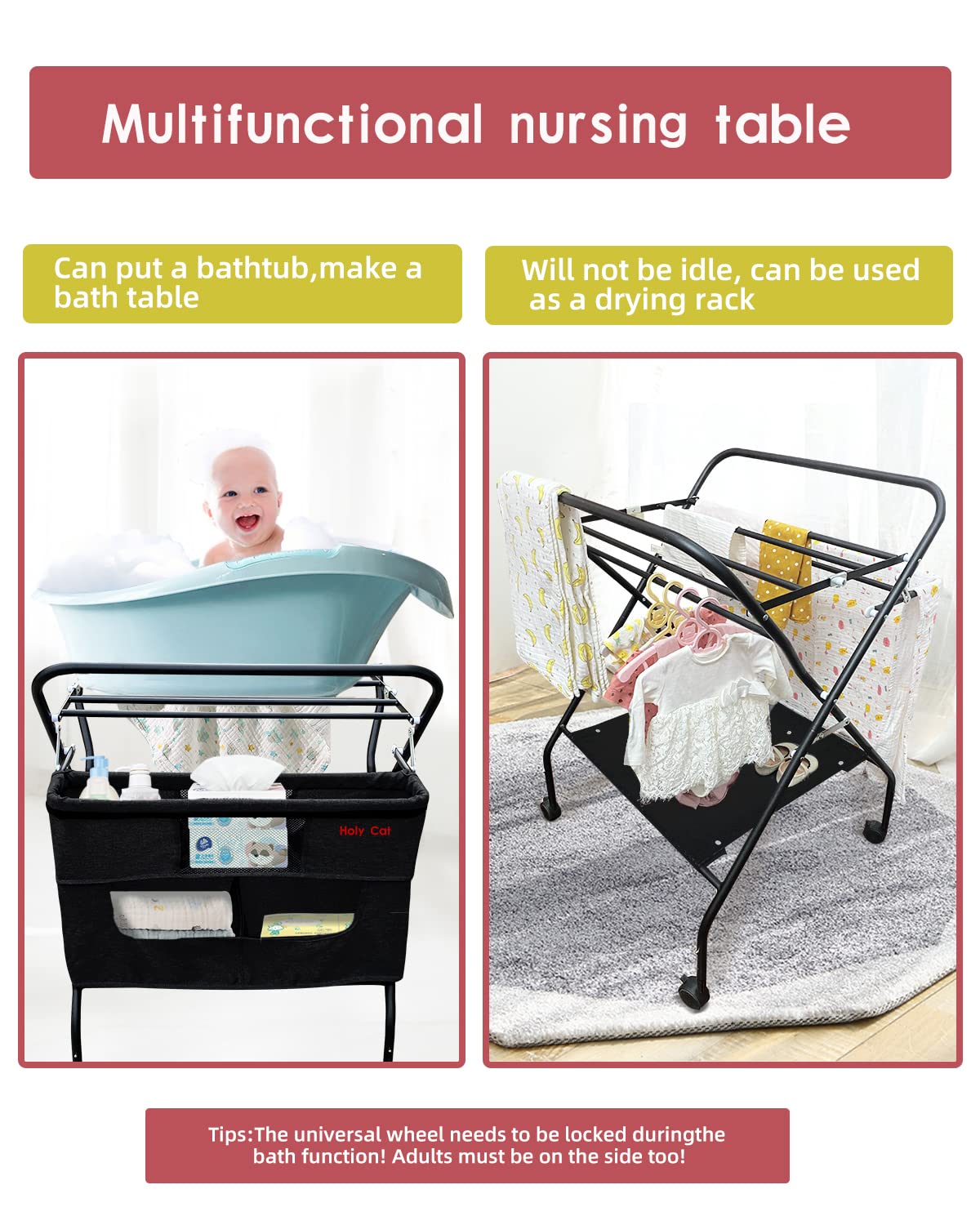 Portable Baby Changing Table with Wheels - Adjustable Height Folding Diaper Station, Mobile Nursery Stand with Storage Rack for Newborns - Lightweight & Sturdy (Black) | Perfect for Nursery, Bedroom, and Travel Use