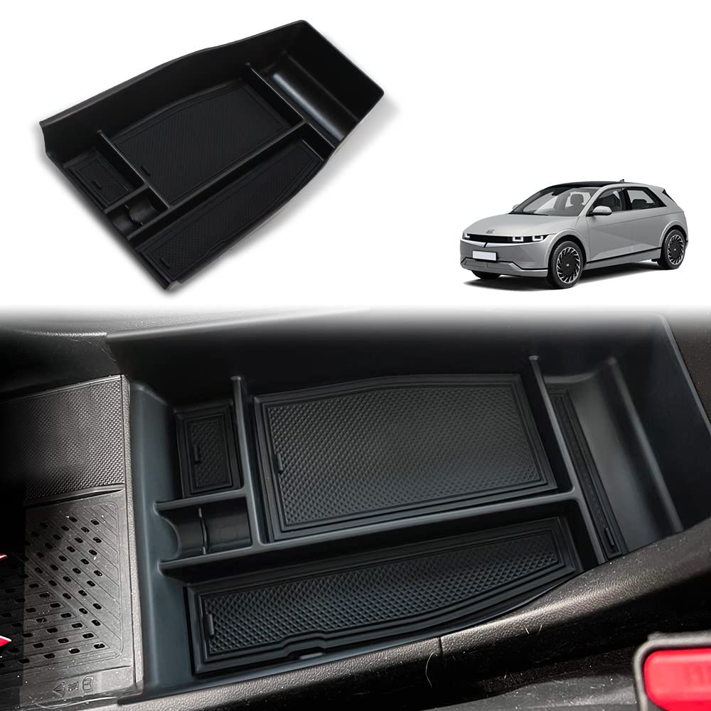 BestEvMod Lower Center Console Organizer Tray - Black Rubber Trim Storage Box for Hyundai Ioniq 5 (2022-2024 Models) | Interior Car Accessories for Phone, Keys & Small Items | Perfect for Road Trips & Daily Commutes