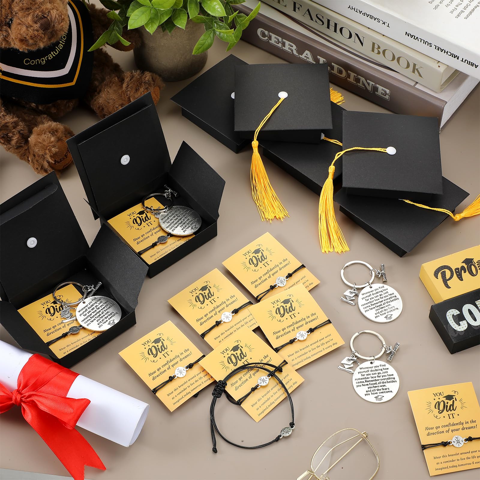 24 Sets 2025 Graduation Gifts - Unisex Bracelets with Cap Box, Inspirational Quote Card & Keychain - Perfect for Class of 2025 Graduation Parties, Senior Gifts & Commencement Celebrations
