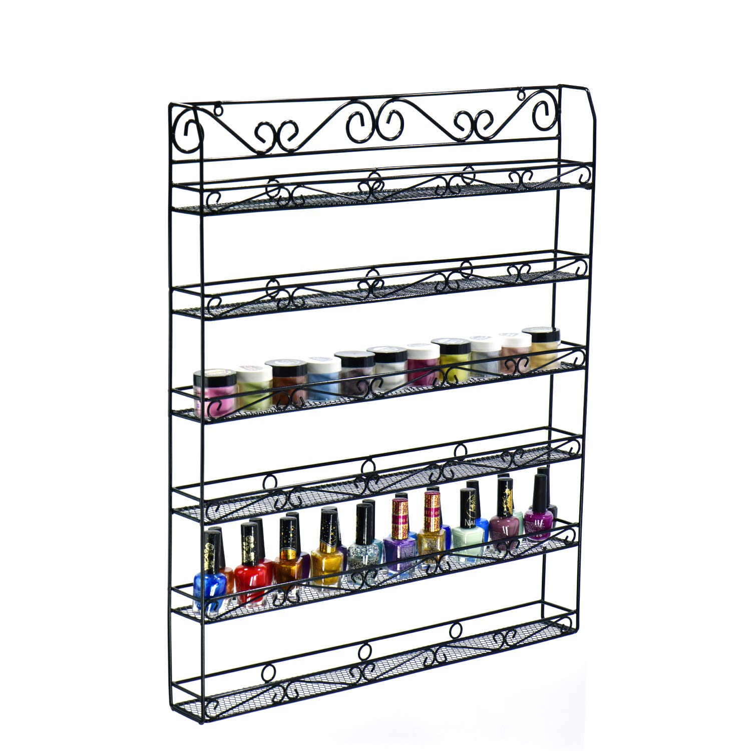 6 Tier Nail Polish and Essential Oil Organizer Wall Mount - Holds 60 Jars or 120 Bottles - Space Saving Shelf Storage for Salon, Bathroom, Bedroom - AMT Supply LLC (60B, Black)