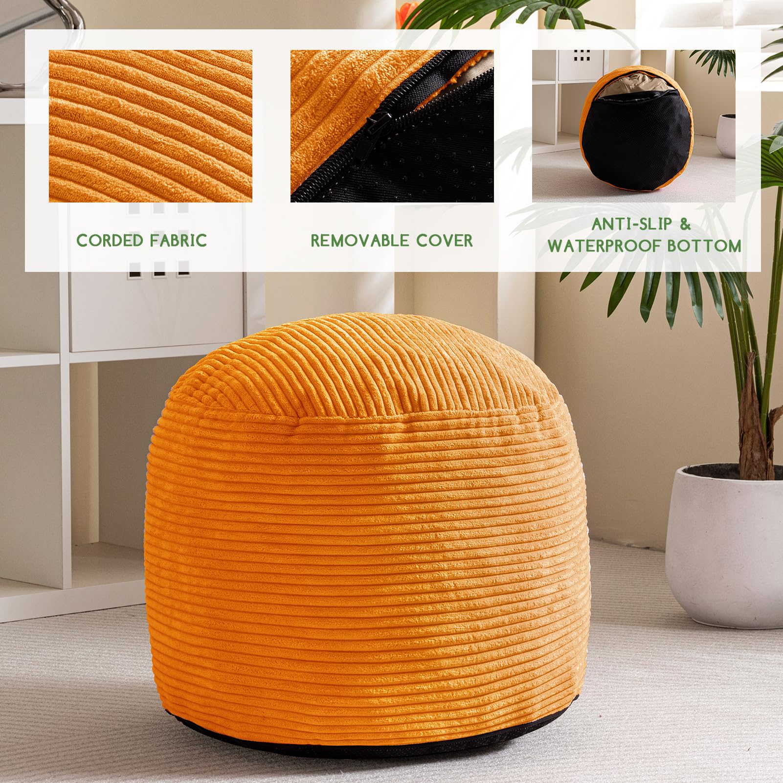 MAXYOYO Round Stuffed Pouf Ottoman - Corduroy Foam-Filled Footrest, 20 x 15 Inches, Orange - Perfect for Living Room, Bedroom & Nursery Decor