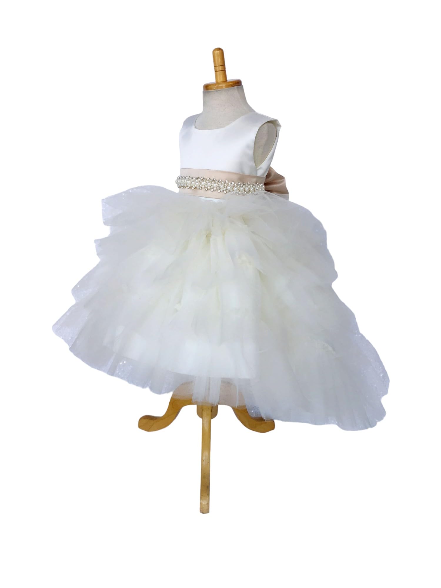 Ivory Sleeveless High-Low Tulle Ruffle Flower Girl Dress for Weddings & Birthday Parties - Size 10, Champagne Accessories Included | Perfect for Flower Girls, Pageants & Special Occasions
