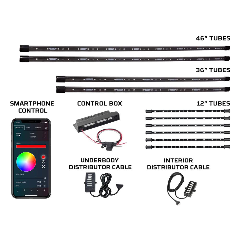 LEDGlow 4-Piece Bluetooth RGB LED Underbody Underglow Kit & 6-Piece Interior Footwell Lighting for Cars - 16 Million Colors - Smartphone App Control - Customizable Mood Lighting for Car Shows, Night Driving & Vehicle Customization