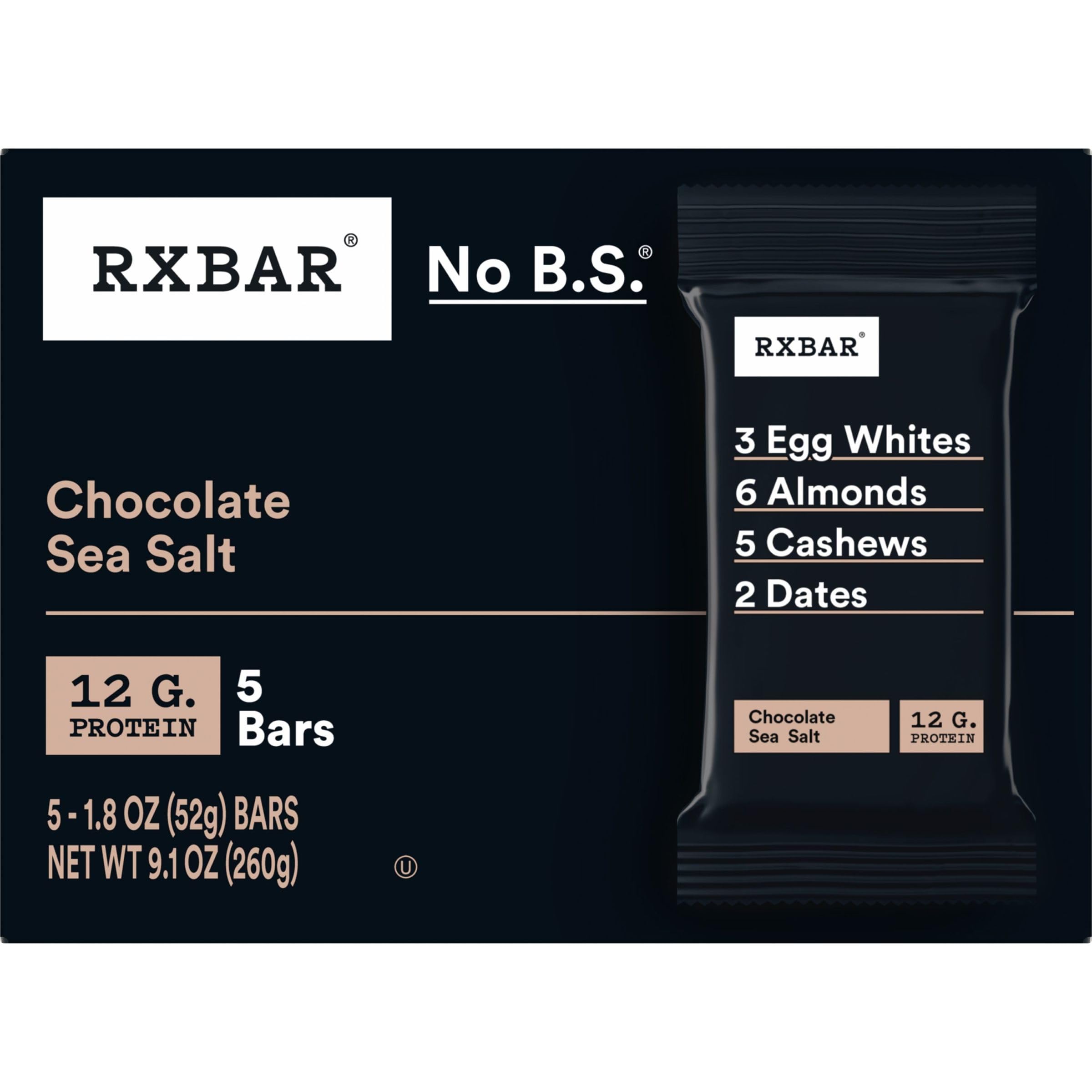RXBAR Protein Bars - Chocolate Sea Salt Flavor, 9.1oz (5 Bars) | High Protein Snack for Workout Recovery, Healthy On-the-Go Breakfast & Post-Gym Energy Boost