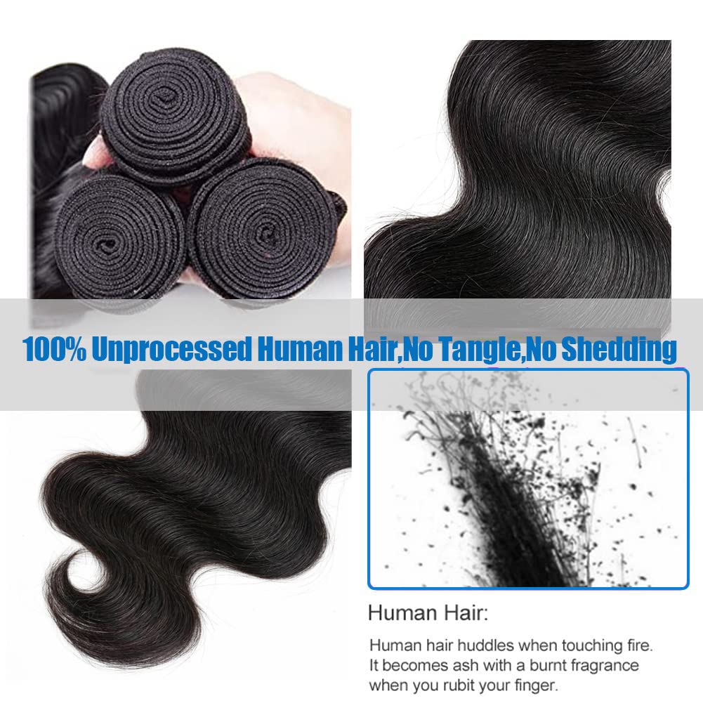 Brazilian Body Wave Human Hair Bundles with 4x4 Lace Closure - 3 Bundles (14 16 18+12 Inches) 100% Unprocessed Virgin Hair for Natural Look - Perfect for Sew-in Weaves, Wig Making & Everyday Styling