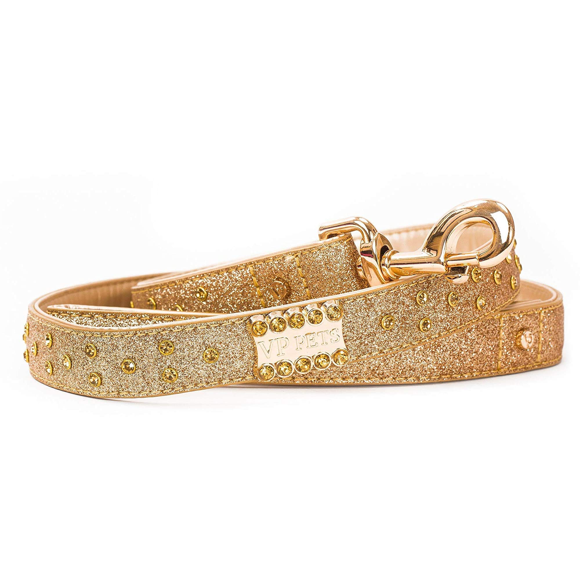 Premium Diamond Name Plate Leatherette Dog Leash - XS/S Gold for Small Dogs, Perfect for Daily Walks & Pet Fashion Accessories