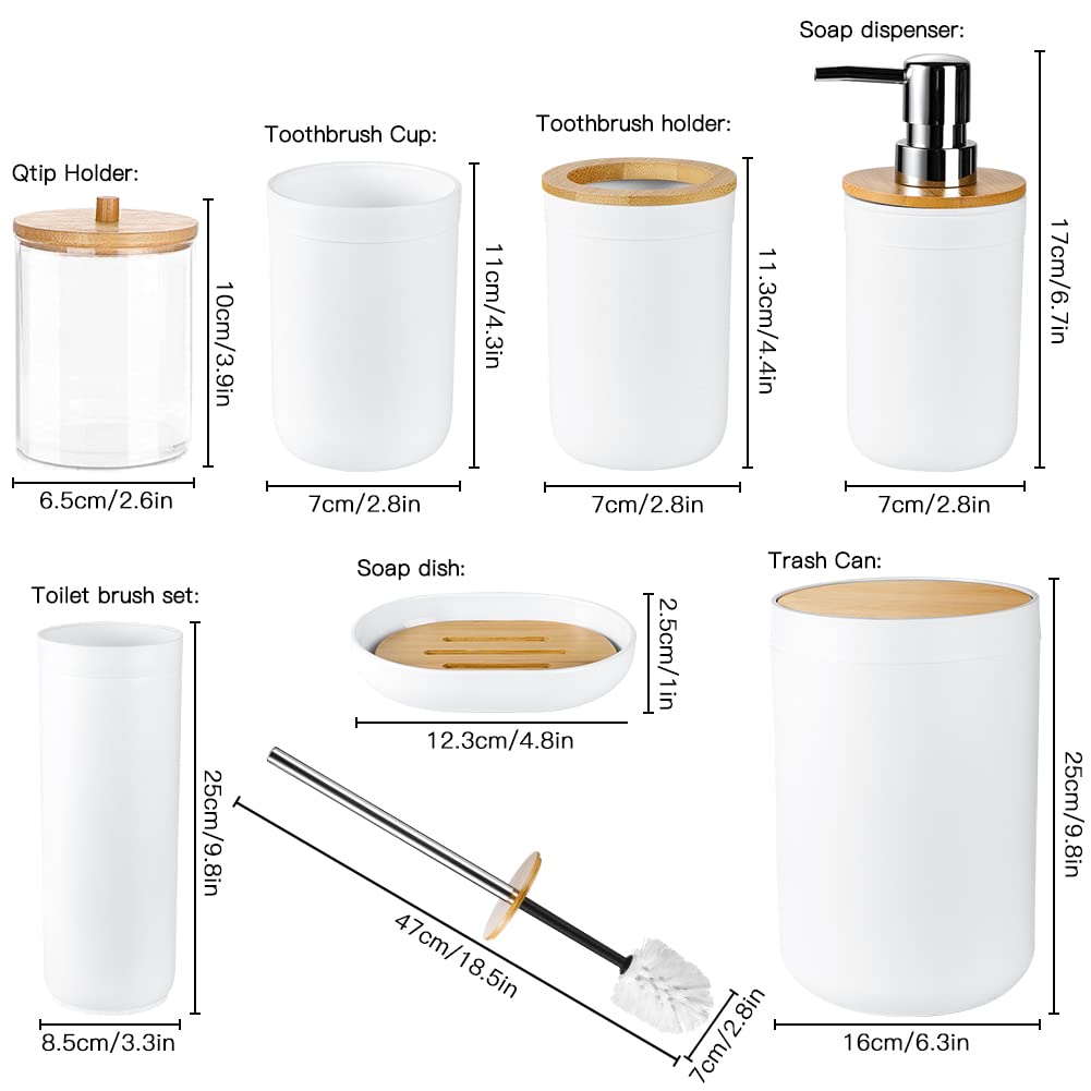 Otostar 6-Piece Bamboo Bathroom Accessory Set - Plastic Toothbrush Holder, Soap Dispenser, Q-Tip Holder, Tumbler, Soap Dish & Toilet Brush Holder - Modern Bathroom Organization for Home, Apartment, Hotel (White)